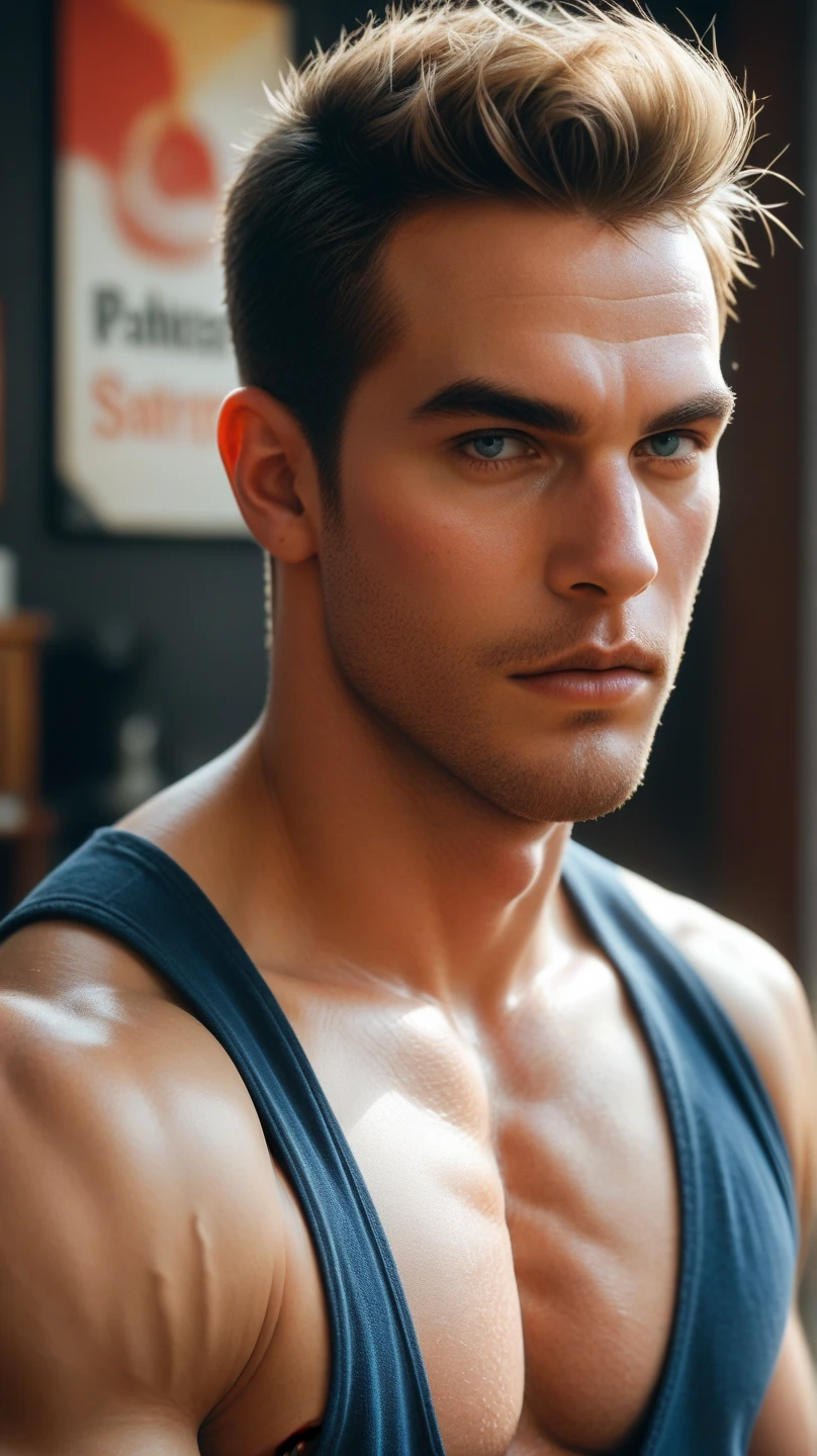 Handsome hot posing man model, black short hair, pale blue eyes, slim face, sunken cheeks, fitness body, Serkerfallun, small tattoo on neck depicting a dragon, handsome young man looking down, shirtless, shaved, wet skin, two horizontal winckles on the forehead, full length portrait, Low camera angle, View from below, View from below, hands on either side of photographer, deep shadows, darkness (transparency) (Moonlight: 1.3), award-winning POV, complex , Detailed, stunning, Fine details, Highly detailed face, Sensual, evocative, Eyes and face, very light blue eyes, Piercing gaze, tousled hair, Jet black hair, muscular body, Perfect center, Nikon D850 film, lens, Wear 400 1.6, rich colors, Ultra texture -realistic, spectacular, brilliant, Popular in station art: Zinc up to 800 (Facial transparency: 1.5), Anatomical masterpiece, Window light, Hair texture, wet hair (wet hair), hanging) --ar 16:9 -