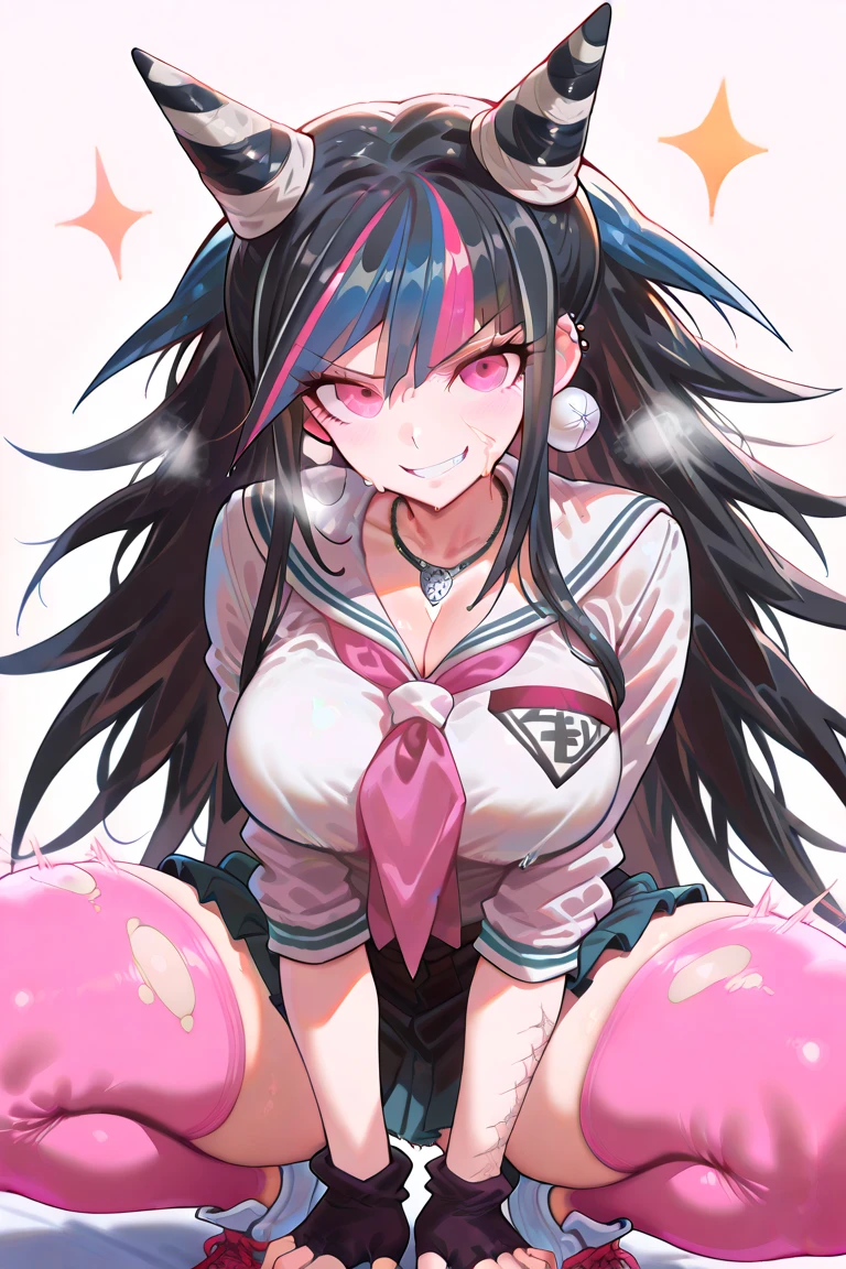 best quality, expressive eyes, perfect face, black hair, long twintails, straight bangs, pink eyes, smirking expression, pink gyaru outfit, pink lips, big breasts, adult, pinching finger, evil, wearing black heels, pink cardigan,  uniform, long nails, gyaru fashion, evil expression