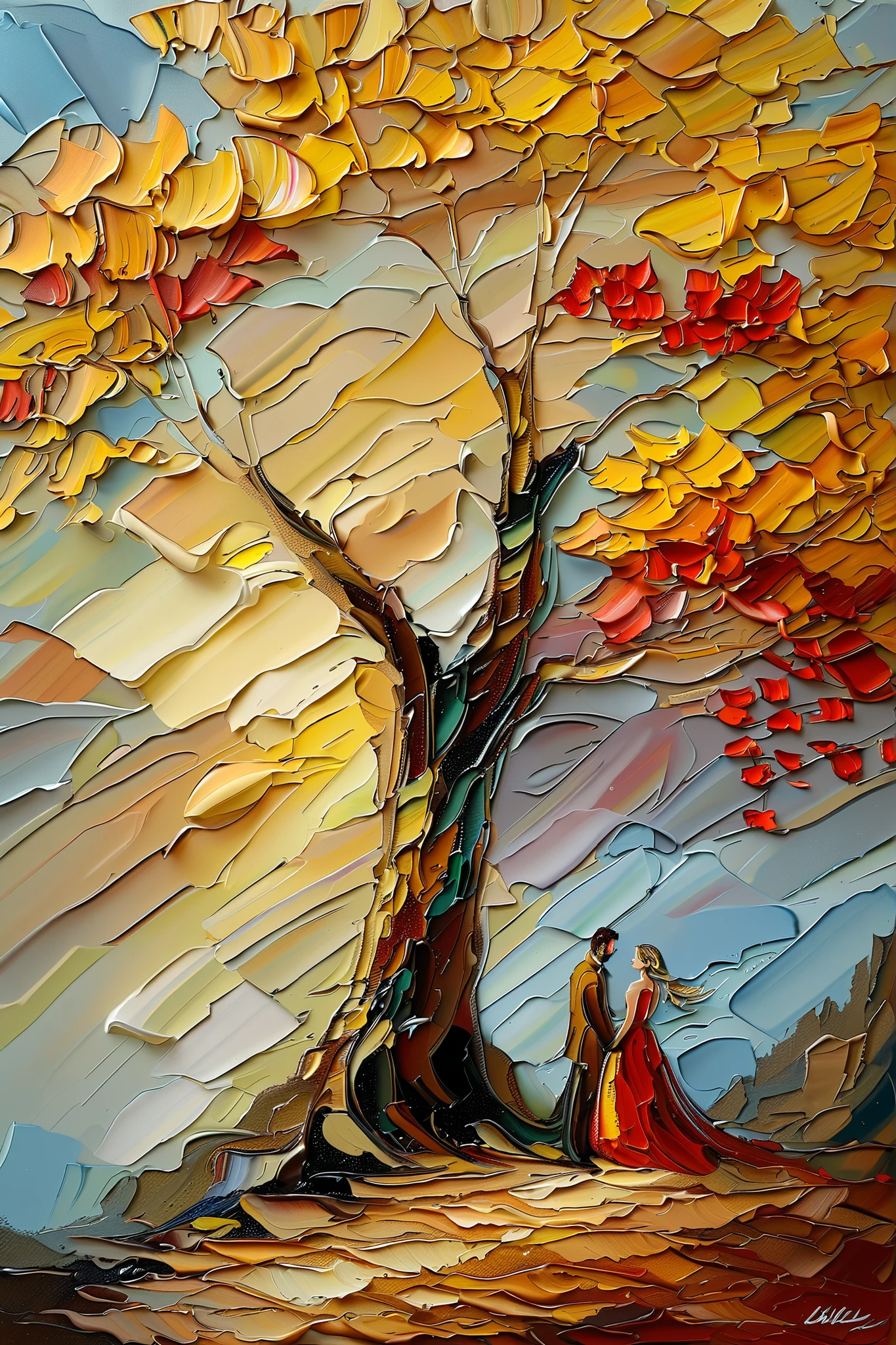 An oil painting canvas where thick paint drips off the canvas, Ethereal scene unfolds with two sheer cliffs, their surfaces elegantly covered by molten gold, creating a strong contrast against the gray and opaque rock. A romantic couple stands on the edge of a cliff, shaded by a vibrant tree of golden tones, whose leaves seem to merge with the surrounding sky. The atmosphere is imbued with a surreal quality, as the landscape bathes in the soft, bright light of a sunset. Nuvens, that resemble light brushstrokes, revolve softly across the sky, capturing light in delicate shades of cream and gold. Ao fundo, the ocean extends infinitely, its surface reflecting the warm glow of the sun and the faint outline of distant birds in flight. The composition balances tranquility and tension, with deep shadows in the crevices contrasting with the luminescent sky above, conveying a sense of awe and introspection.