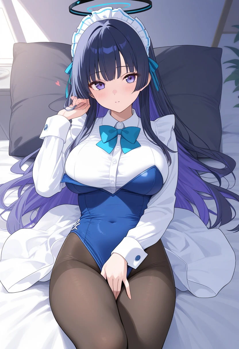 masterpiece, best quality, ultra-detailed, extremely detailed,illustration, 1girl, solo, ddyuuka,halo,blue eyes,purple hair,long hair,two side up,bangs,hat,necktie,white dress,short dress,short sleeves,white shirt,half gloves,(white gloves:1.2),pencil skirt,thighs,boots, medium breasts, thick thighs, smile, open mouth, sitting, on bed, bedroom, indoors, upper body, <lora:yuuka_%28blue_archive%29:0.8>