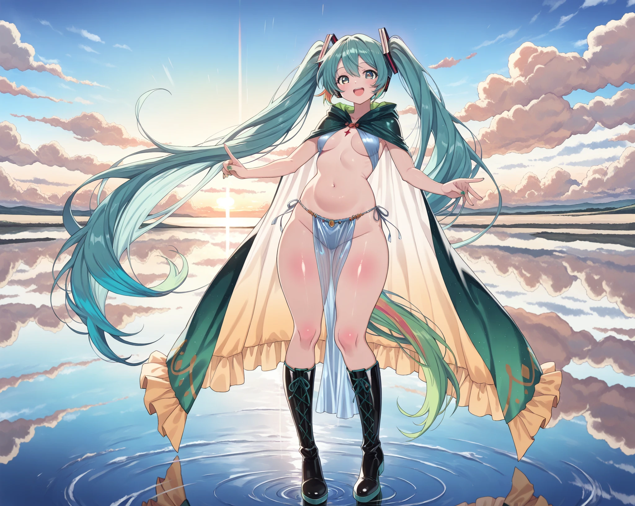 Hatsune Miku, ((no clothes) (no bras) (no panty)), ((uncensored) (totally naked) (wet pussy)), Pose d'adolescente mignonne, Snowy mountain landscape, onsen, Best quality, ultra highres