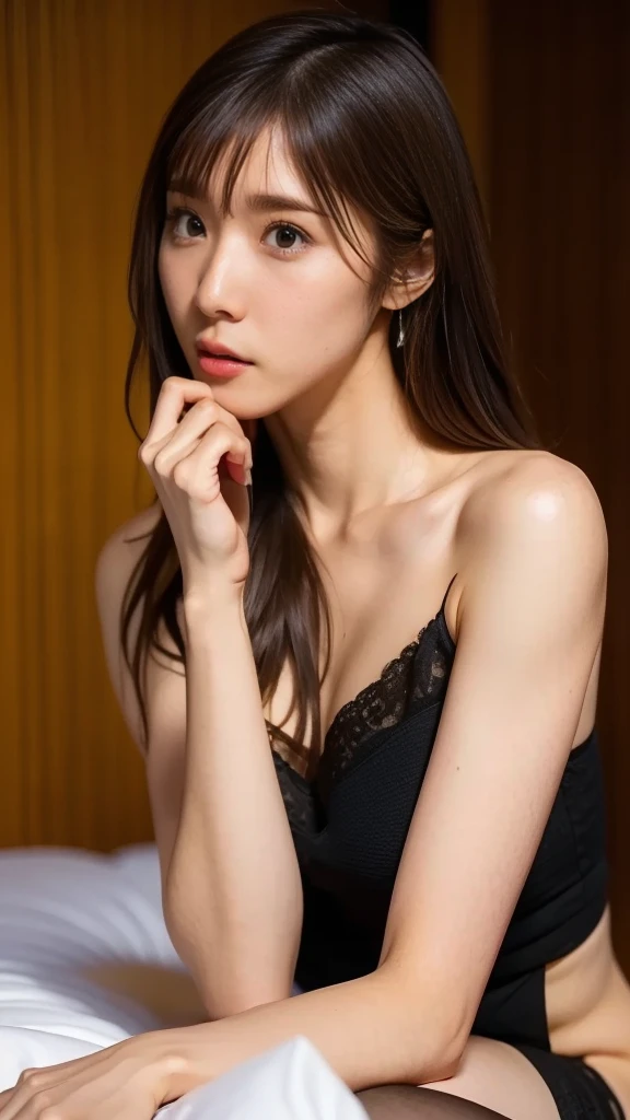 Ulzzang-6500-v1.1, (RAW Photos:1.2), (Realistic:1.4), Beautiful detailed girl, Very detailed eyes and face, Beautiful and fine details, Ridiculous, Incredibly ridiculous, Huge file sizes, Very detailed, High resolution, Very detailed, Highest quality, Tabletop, One girl, , ((Very detailed)), ((Dynamic pose))), (Camel Toe), (Open your mouth)),((Drooping eyes)),((round face)),((curl inside hair)), (Look away:1.1),Close-up of face,(((黒いplayboy bunny)))、Upper Body、Black Costume、Has bangs、((slender))、Slim body、((Look down)、((Eyes Wide Open))、(((Angle from below))、(D cup milk))、((Gorgeous Bra))、skirt、Eyes Wide Open、((((Surprised))))、Be surprised