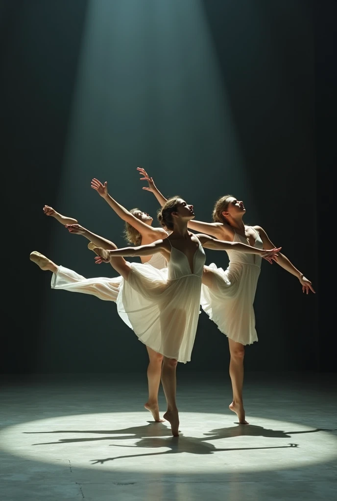 The poster captures a poignant moment in a dimly lit ballet studio. Three teenage ballerinas, each with a distinct presence and expression, are depicted mid-performance. expression, are depicted mid-performance. They wear traditional ballet attire, their delicate costumes softly illuminated by a single spotlight casting gentle shadows around them.

The backdrop of the studio is softly blurred, focusing attention on the dancers and their emotional performance. The studio's ambiance is tranquil yet evocative, enhanced by the soft glow of overhead lights that bathe the scene in a gentle, melancholic
hue.

Please make it aesthetic