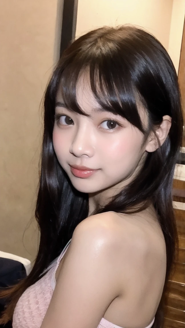 (best quality,8k,highres,masterpiece:1.2), realistic, photorealistic:1.37, UHD, studio lighting, sharp focus, extreme detail description, professional, vivid colors, bokeh, portraits, extremely detailed face texture, beautiful detailed eyes, beautiful detailed lips, extremely detailed hair, dark colored hair, youthful appearance, medium round breast, cleavage, proportional eyes, seducing smile, clean and natural face, no makeup, bare face, indonesian face,