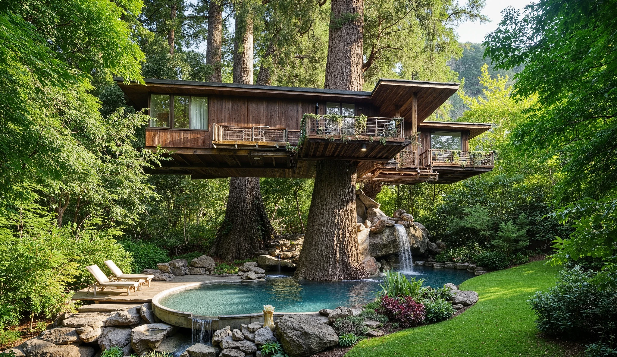 (巨大なtreehouseと豪邸ビルの融合:2.0),(巨木のレッドウッドの上にある巨大treehouse:1.5),(treehouse:1.5),(Modern 3-storey mansion standing on a giant tree:1.5)、There is a luxurious pool、(A waterfall cascades down from natural bedrock:1.5),(巨木のレッドウッドの上にある巨大treehouse:1.5),(A very beautiful forest:1.5),