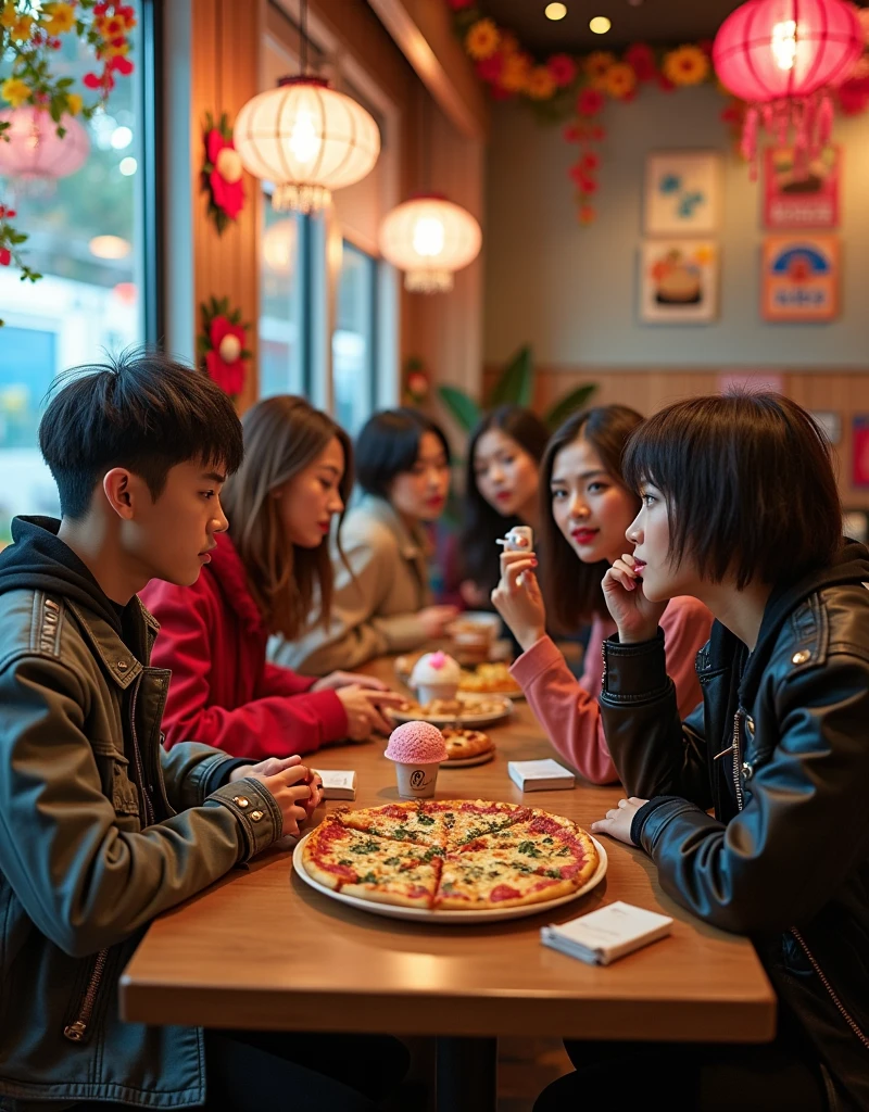 A happy family with children, sitting at a colorful diner table, facing away from the camera, their faces not visible, (best quality,4k,8k,highres,masterpiece:1.2),ultra-detailed,(realistic,photorealistic,photo-realistic:1.37),family portrait, children, diner table, colorful interior, warm lighting, cozy atmosphere, detailed background, soft focus, cinematic composition