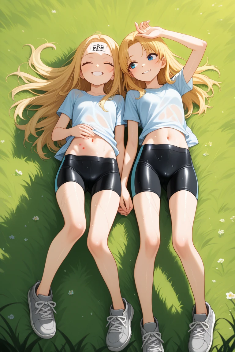 best quality, masterpiece, small breasts, smile, leggings, outdoors, anime style, grass field, daytime, blue sky, blue eyes, detailed eyes, medium hair, blonde hair, loose hair, bangs, lying down, ass, no shirt,