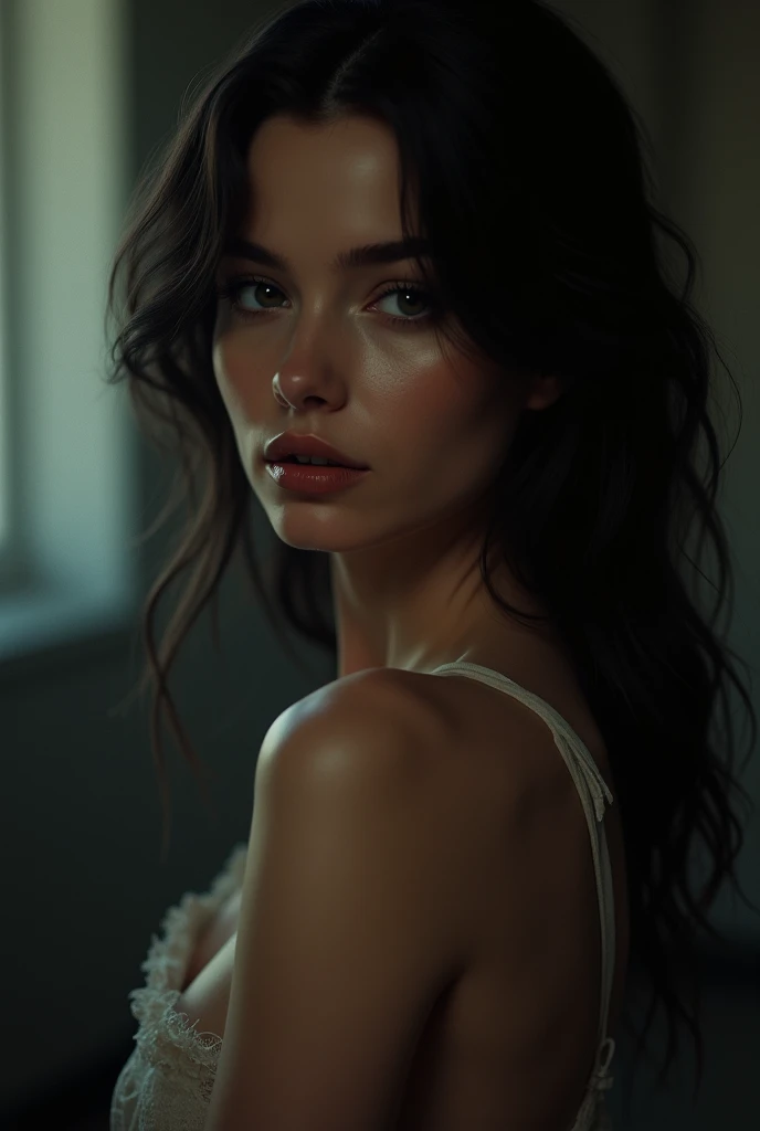woman bathed in soft light, leaning against a wall, looking into the camera in a moment of raw emotion. Her attire is minimal, accentuating her beauty with the dramatic shadows cast by the lighting. The background is stark, with sharp contrasts highlighting the contours of her form. The blue and black palette intensifies the mood, evoking a sense of mystery and allure. Subtle film grain and meticulous shading add depth and texture, emphasizing the emotional gravity of the scene. The lighting creates a chiaroscuro effect, accentuating her expressive pose and the intense atmosphere.