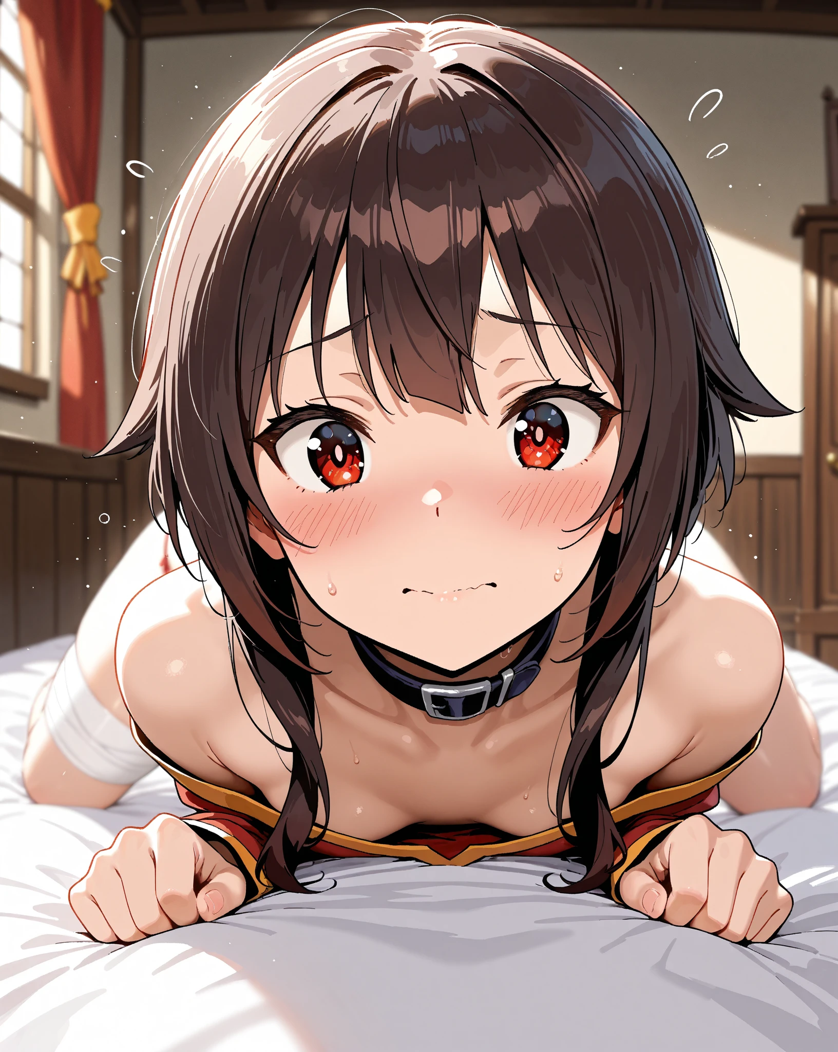 ((masterpiece,Highest quality:1.3,best quality illustration)),(realistic),(having sex,man on top),cowboy shot,solo,1woman,20 year old beauty、black hair,short bob hair,(center parted bangs),black eyes,(gorgeous big eyes),((very small head:1.4)),drooling,tears,((slender body:1.2,skinny)),(tan skin:1.4),small breasts,naked,nipples,vagina,shibari,hemp rope,vaginal penis,gleaming skin,oily skin,slender body,sweat,lying,on back,spread legs,Simple bed、Hotel Bedroom、Tokyo、nsfw,