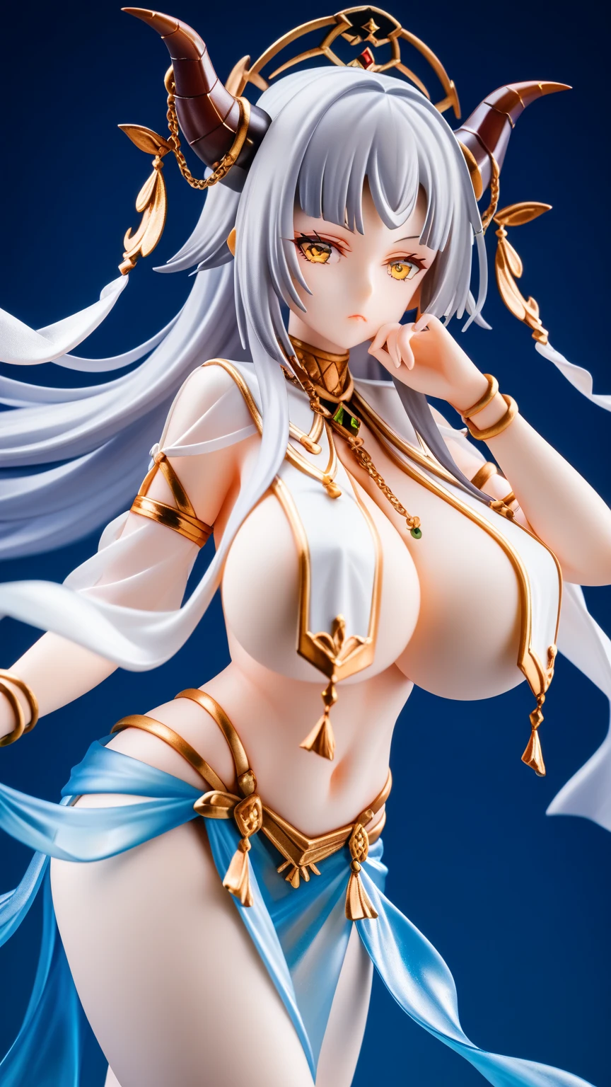 ((3D anime:1.2, Manga Bleach:1.1), better quality, detailed, high resolution, (Mascot:1.3, Tier Harribel:1.2) Tier Harribel - The third Sword of Aizen's army, known for its blue skin and exotic features.). 1girl, Yellow eyes, which shine in situations of intense combat, short golden hair, defined musculature, pale skin, white skirt, white mask. warriors measuring over 1.80 m, sword, intricate design and clothing, dynamic movements, Eco Mondo city background, (excellent lighting, detailed shadows, dynamic camera angle and pose)