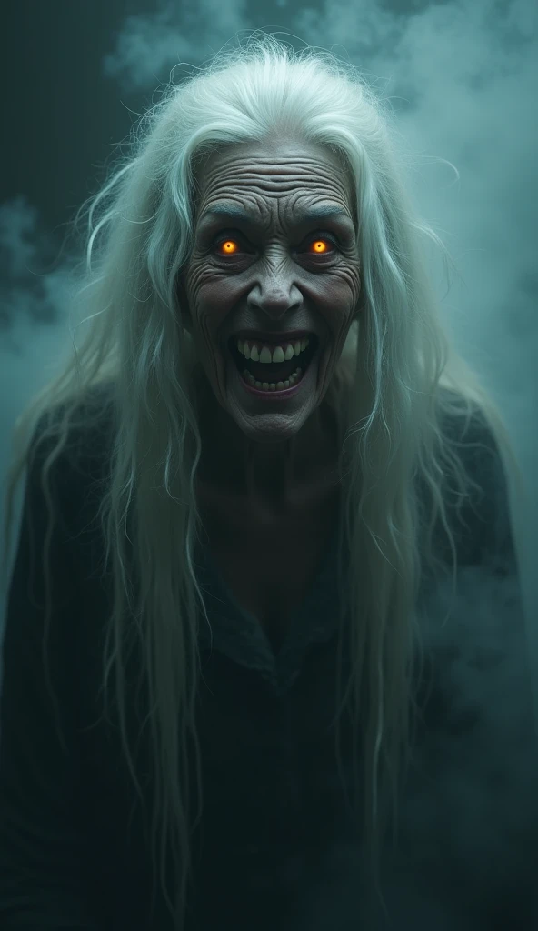 Ultra-detailed, master piece, (best quality:1.5), (high resolution:1.5), (midnight: 1.5), Edo period, On a black background, a very scary and grotesque-looking woman has a ghostly face with long flowing hair, smiling evilly and scaring people, (Old woman: 1.5), skin wrinkled, (Filthy: 1.5), ultra-realistic, cinematic, high detail, youkai, Japan, (Super Scary: 1.5), Japanese Horror, Hyper Realistic, Cinematic, Dark Ambient, Ominous Atmosphere, Realistic, Masterpiece