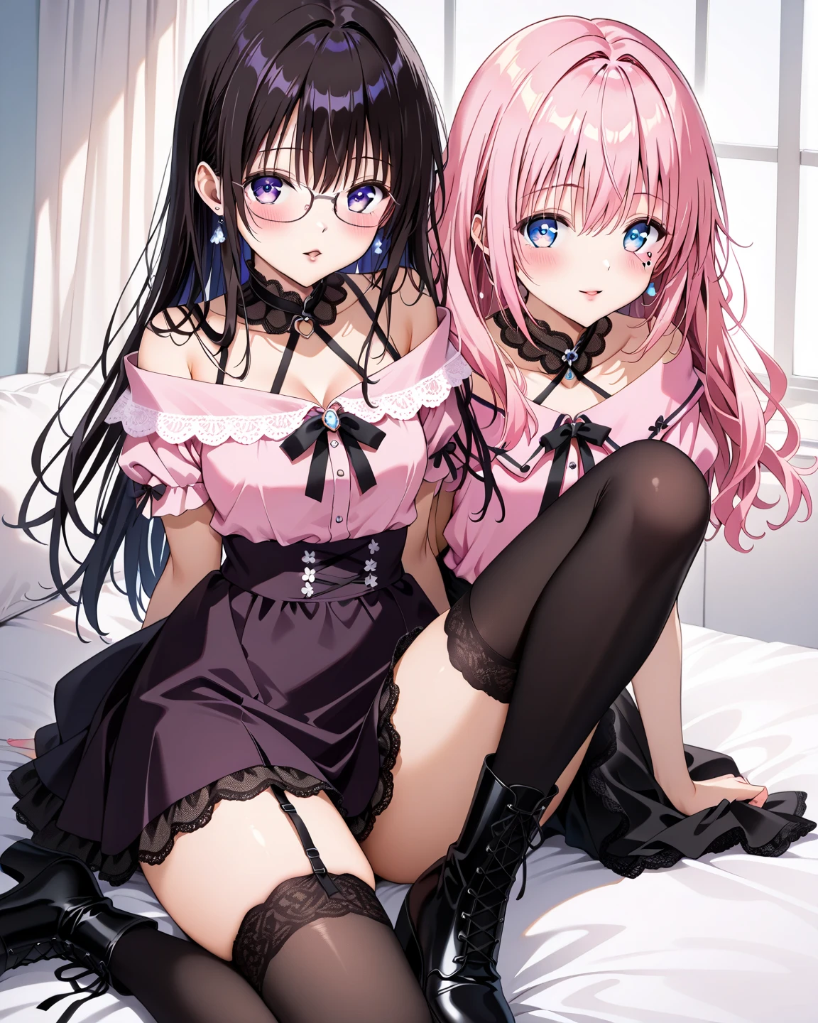 Hands Behind Back,Tied with hands behind back,lick,from front,front view,looking at viewer, looking ahead,from above,cowboy shot,2girl,Beautiful 9 year old girl,twins,Japanese,Slender,,low length,Small breasts,Thin legs,Small Ass,Baby Face,Small face,Black Hair,two side up,Drooping eyes,black eye,middle School girls,Sheer black and pink negligee,lingerie,Collar with leash,Bunny ears,open mouth,Stick out tongue, saliva ,front face,Kneeling,Straight Stand,Beautiful and detailed anime art,Desire expression,crave,cum on tongue,Dimly lit room,On the bed,Simple Background,Gray background,Low lighting,