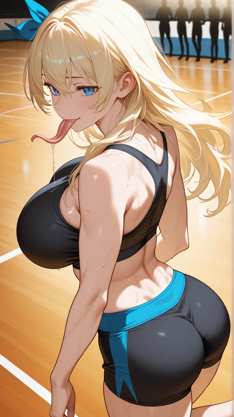 Best quality, massive breasts,very curvy, long blonde hair , long blonde hair, brown eyes slutty, gyaru, full lips, seductive, smiling, gym, workout, exercise, blonde , blonde hair, black clothes, yoga pants, big white sneakers, gym, darkskin, tan, grey pants, grey yoga pant,exercise, exercising, , gym, inside the gym, ultra clean, ultra hd, blonde hair, black striped clothes, black stripes, black pants , best quality, , white sneakers, big white sneakers,