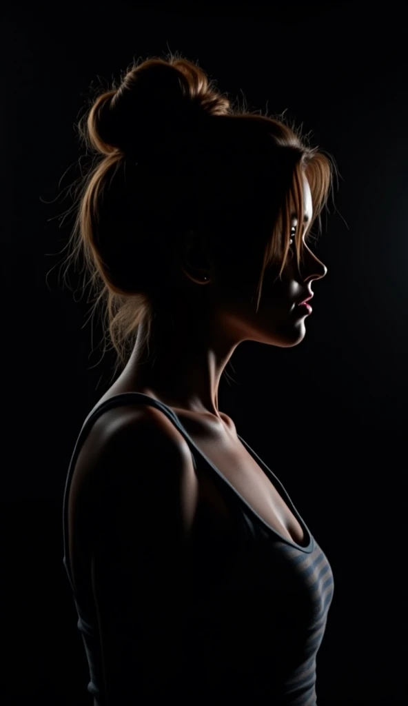 a beautiful blond woman with red bra and bun hairstyle, intense eye contact, dark moody atmosphere, dramatic lighting, cinematic, chiaroscuro, high contrast, dramatic portrait, captivating gaze, alluring expression, mesmerizing eyes, flawless skin, elegant beauty, mysterious and sensual, (best quality,4k,8k,highres,masterpiece:1.2),ultra-detailed,(realistic,photorealistic,photo-realistic:1.37),dramatic lighting,chiaroscuro,high contrast,cinematic,dark and moody