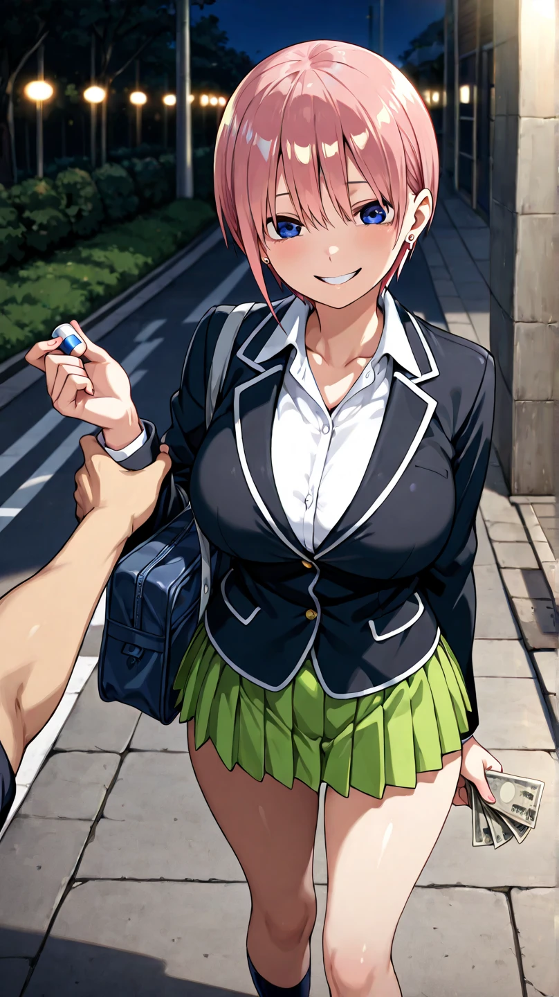 masterpiece, Highest quality, High resolution,(throw_hand grabbing chest),,One girl, One boy,Age difference,bow tie,Blonde,chest,Long Hair,Pink Hair,pleated skirt,Tucked in shirt,short hair,skirt,smile,Tent shirt,amusement_garden,breasts grab,腕をつかむ女の子