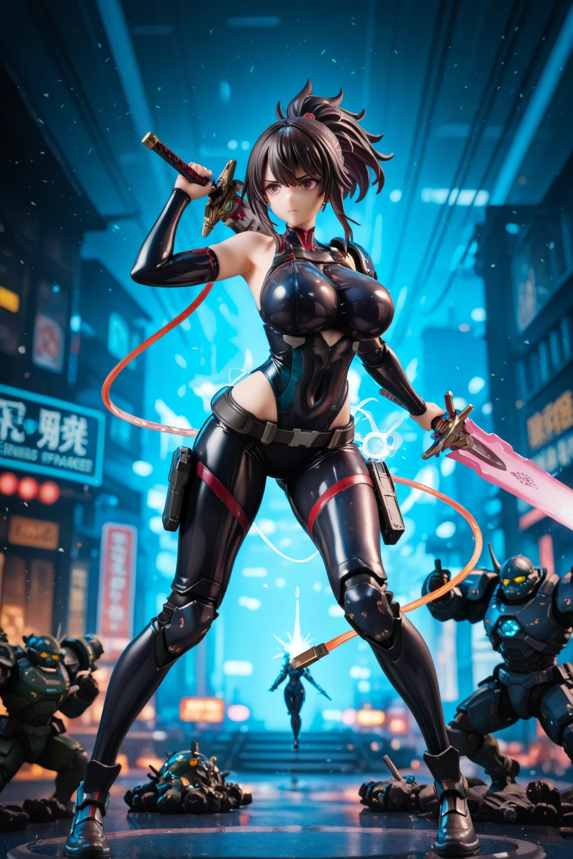 solo girl,Glossy metalic light silver tank top, tight latex shiny, Red interpolation color,Black hair bob,red eyes, camel toe, Samurai Sword,
Lift one leg, sexy lady,, naked girl,