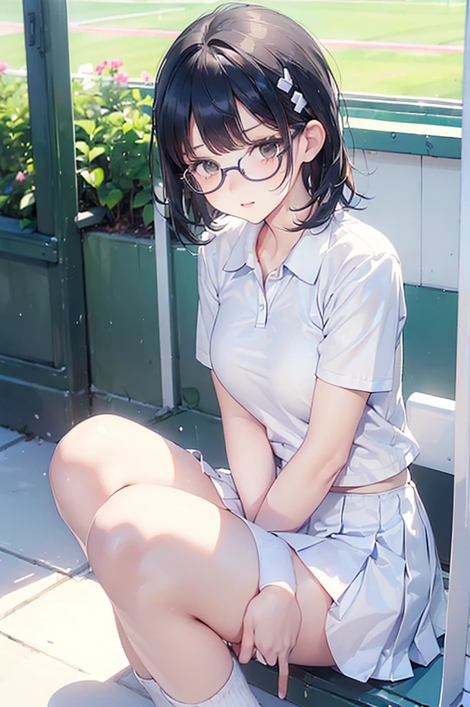(8k、Best image quality、highest quality、masterpiece)、Detailed face、One girl、Grey Eyes、embarrassed face、((Grin))、huge breasts、((see through camisole))、((see through))、((Plaid skirt))、((open pussy))、sit、spread legs、white buggysocks、shoes、Shoot from below、sitting on the seat,in the train,Nipples,Oppai,fingering pussy,vaginal finger,hand to pussy,touch oun vagina,Exposure,pussy juice,wet pussy,cum on face,milk made braids,black hair,,lolil,glasses,