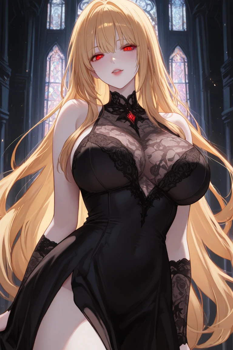 top-quality、Top image quality、​masterpiece、girl with((Beautiful fece、20yr old、Best Bust、big bast、Bust 85,Red eyes to issue、Breasts wide open,Valley、Blonde long hair、A slender、Disheveled black Y-shirt、a black skirt、Large valleys)）hiquality、Beautiful Art、Background with((darkened room、candle)),Depth((Numerous monitors))masutepiece、visualart、depth of fields、