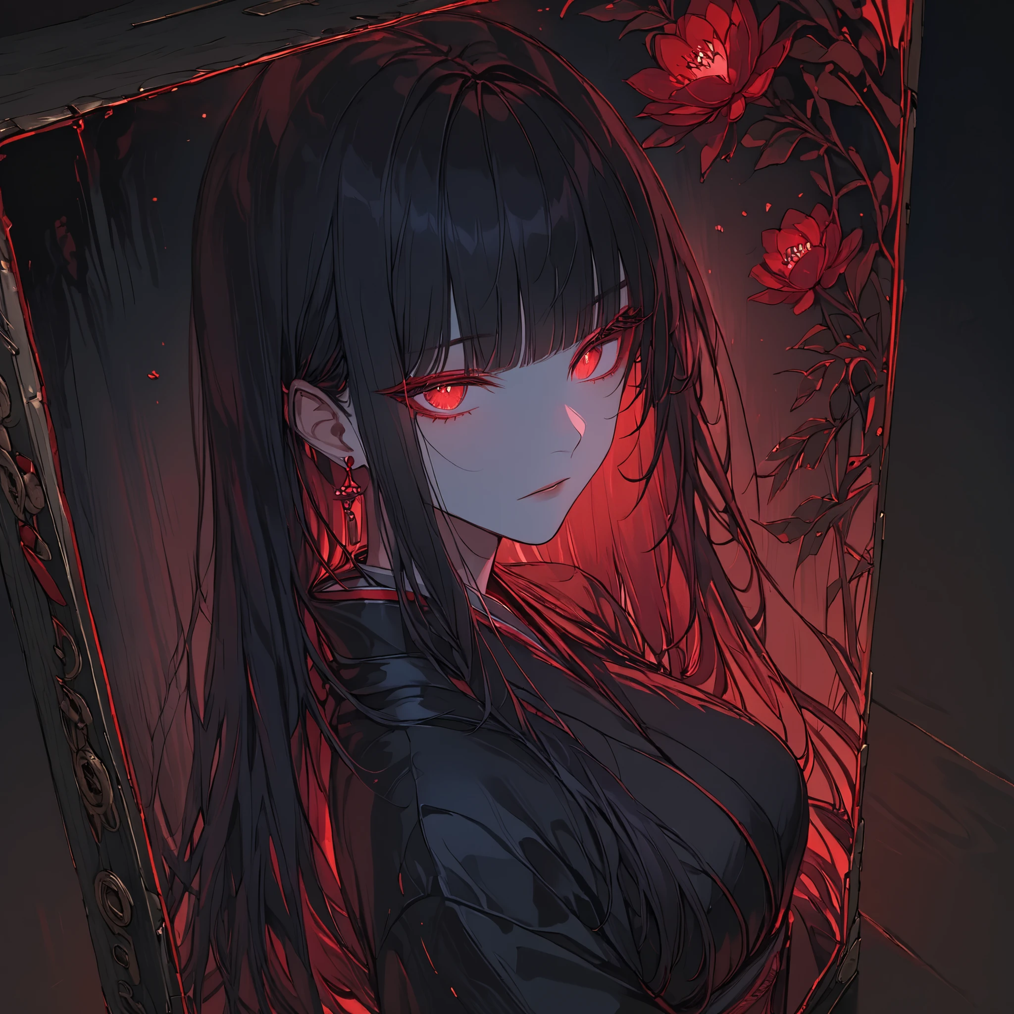 (8K, RAW Photos Box, better quality), (masterpiece: 1.4), (Ultra-high resolution, extremely detailed), soft lighting, rim lighting, ((1girl)), large breasts, (black hair:1.2), (red hair:0.8), gradiant hair, long hair, straight hair, blunt bangs, red eyes, (flower pupils:1.5l, glowing eyes, black kimono with red flower design,