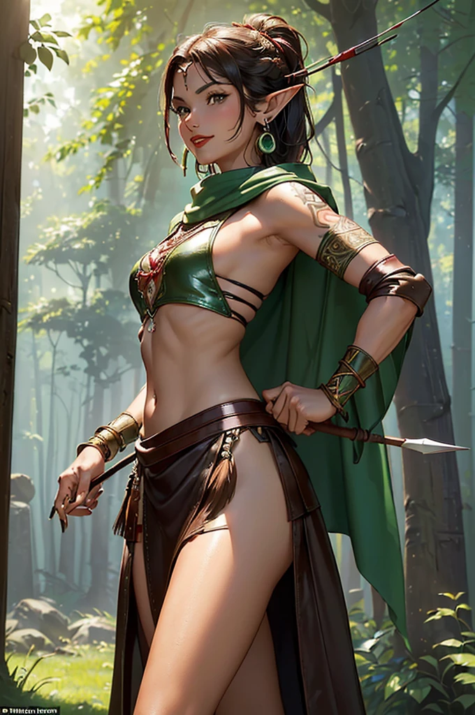 ((masterpiece, best quality)), (1girl, small breast), tanlines, dark skin, tan ,disgust, from below, standing, hands on hips, full body, wide shot, red short hair, demon horns, (cloak, glasses, underboob), (breast harness, muscular, wide hips, thick thighs, midriff, thigh strap, leather long pants), boots, ((hold dagger on handle, dagger fighting stance, outdoor, adventurer, thief \(final fantasy\))), forest, dungeon background, nature, medieval time, reflected light, ray tracing, delicate background, ((wide shot))  ((detailed facial features)), shallow depth of field, [volumetric fog], cinematic lighting, reflections, 8k resolution, delicate,absurdres,realism, absurdres, High Detail, (ray tracing), highres, ultra detailed, physically-based rendering, ultra realistic, natural lighting, (extremely detailed CG 8k wallpaper), (an extremely delicate and beautiful), (masterpiece), (best quality:1.0), (ultra highres:1.0), beautiful lighting, realistic shadows, [highres], detailed skin, ultra-detailed, (realistic, photorealistic : 1.4)