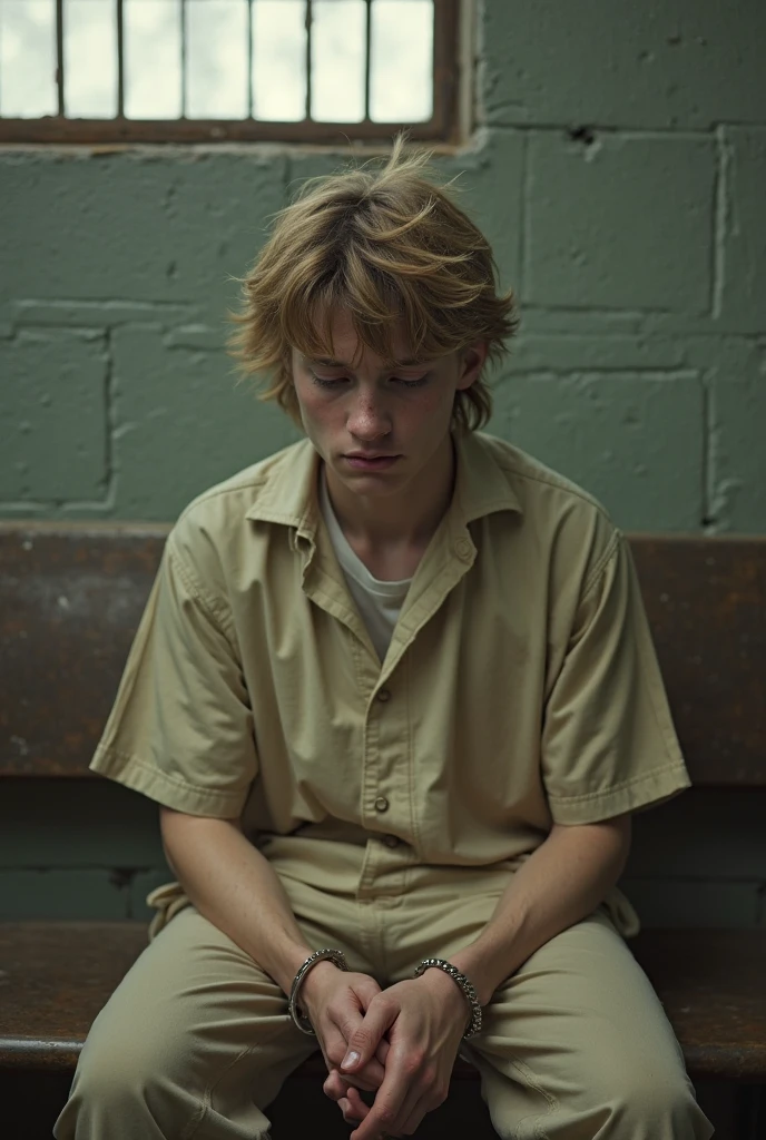 The fourteen-year-old blond boy was a prisoner, A collar is worn around the neck, Wear an orange one-piece prison suit, The clothes are printed "Jacob Bryant 200110"。He wears white sport socks and brown flip-flops, Handcuffs on their hands, Sitting alone in a closed cell。There was only one bed and an iron gate in the cell, Walls on all sides, The lighting is dim, Blonde hair, Short hair, Devil Eyes, annoyed, Sad, Evil, guilt, devil pupils, Verism, Interior architecture, full bodyesbian,Cinematic lighting, From above, Eye level shots, Sony FE GM