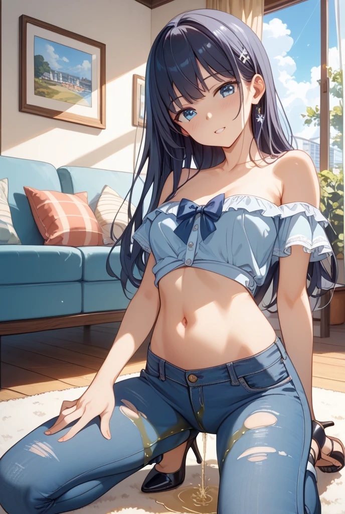 Super detailed、bare breasts,Denim pants,topless,smile,bare breast,big breast,