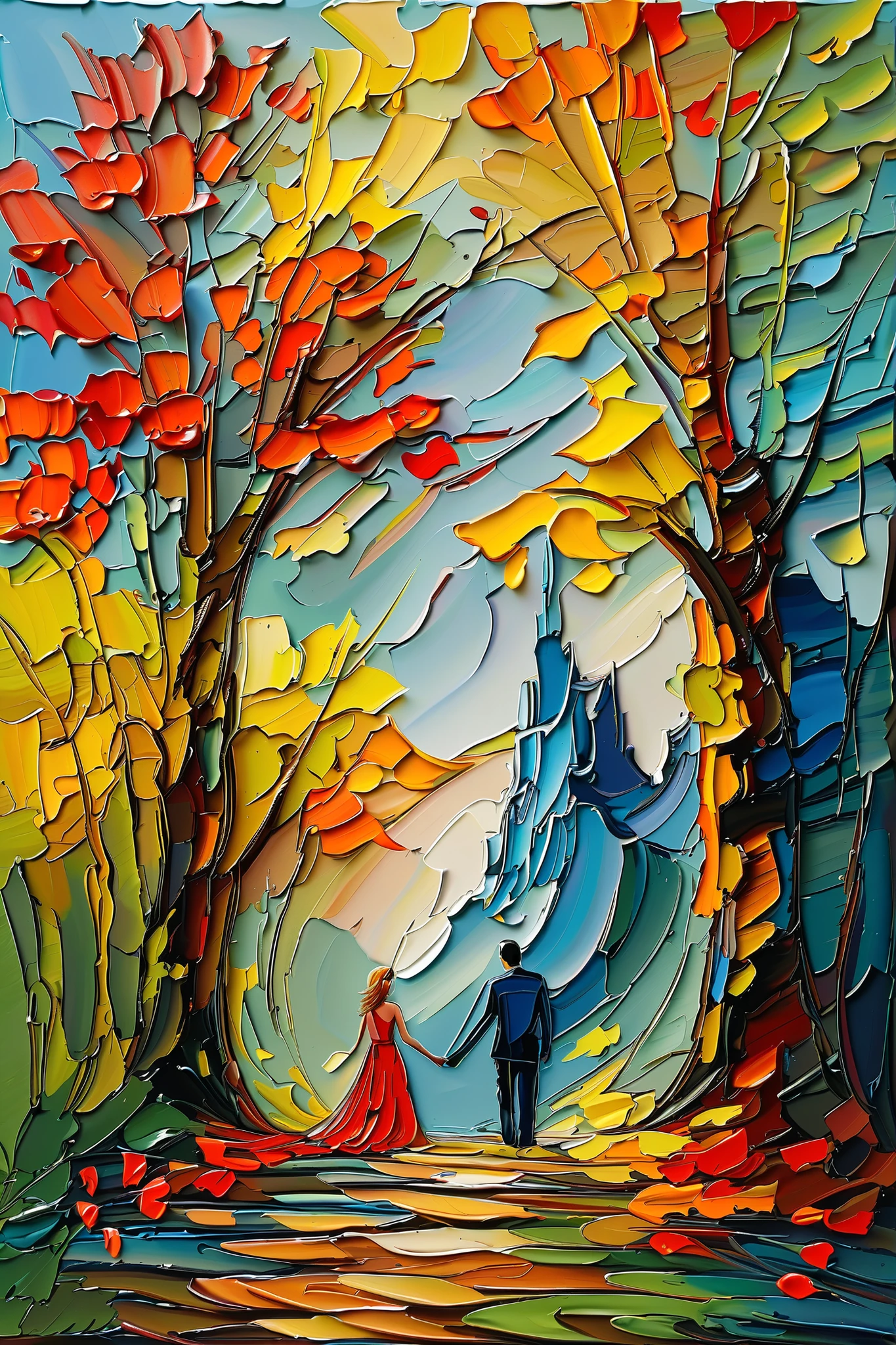 An impressive And imaginative unfolds with a couple, silhuetado em preto, standing on top of a narrow cliff. They hold hands, looking serene as they contemplate the vibrant spectacle in front of them. On your left, two tall evergreen trees stand, casting long shadows that merge with those of the couple, adding depth and mystery. The sky is an explosion of colors, displaying a spiraling scene pattern that recalls a waterfall of paint. Tons de laranja, amarelo, red and blue blend perfectly, creating a dynamic and supernatural atmosphere. Birds are scattered across the sky, their striking silhouettes against the vivid background, suggesting movement and freedom. The interaction between light and shadow on the cliff highlights the surreal quality of the work of art, evoking a sense of wonder and wonder. The composition seems tranquil and powerful, as if capturing a dream or a fantastic moment frozen in time. The paint on the landscape is thick and flows down leaving fillets of paints