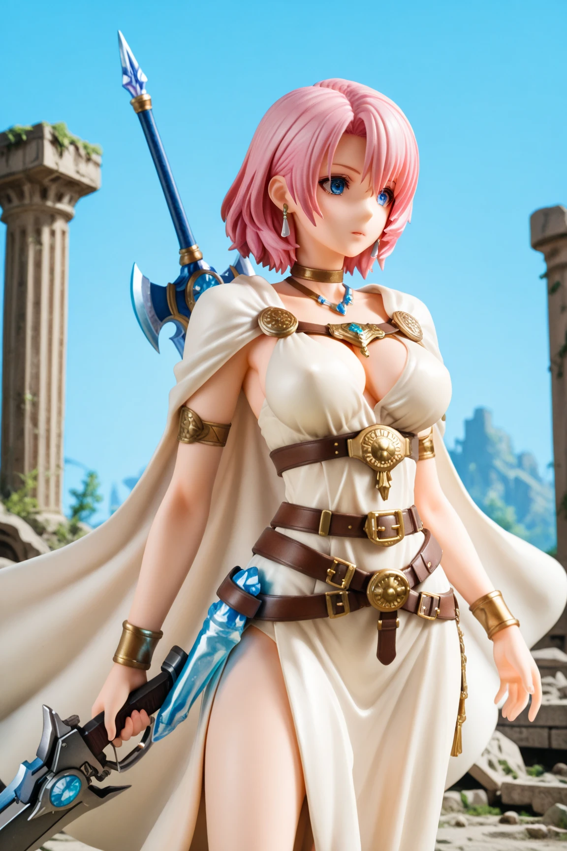 8k, masterpiece, best quality, realistic, higly detailed, cowboy shot, 1girl, solo, Ichika Nakano, very short hair that has a single long strand on the right side, white-pink hair, a single earring, dark blue eyes, average height, well-endowed figure, large breasts, cute, Norse Goddess