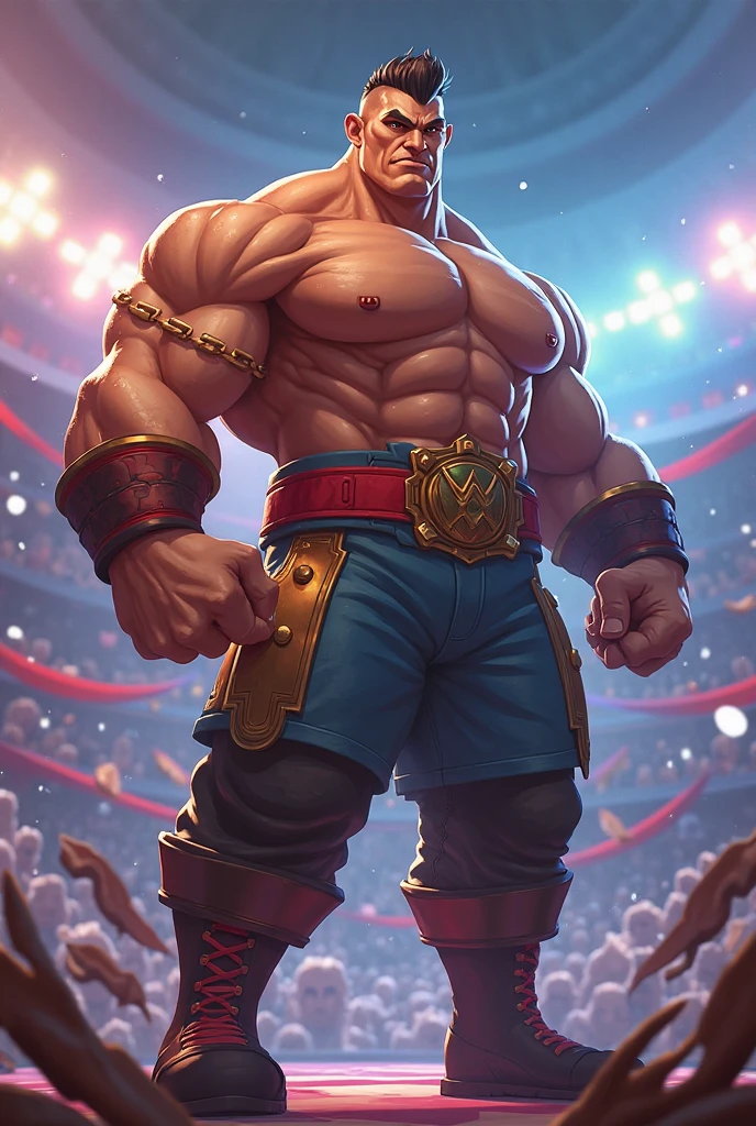 nappa, male focus, solo,cowboy shot, 1boy, bald, muscular male, abs ,black vambraces, veins, pectorals, thighs, black eyes , nipple , mustache, ( nude ) , tail around waist, (best quality, masterpiece) , BDSM , full body , boxing gloves , black boots , strip club stage , blushing face , ashamed face , Hide the hand , backside , show ass