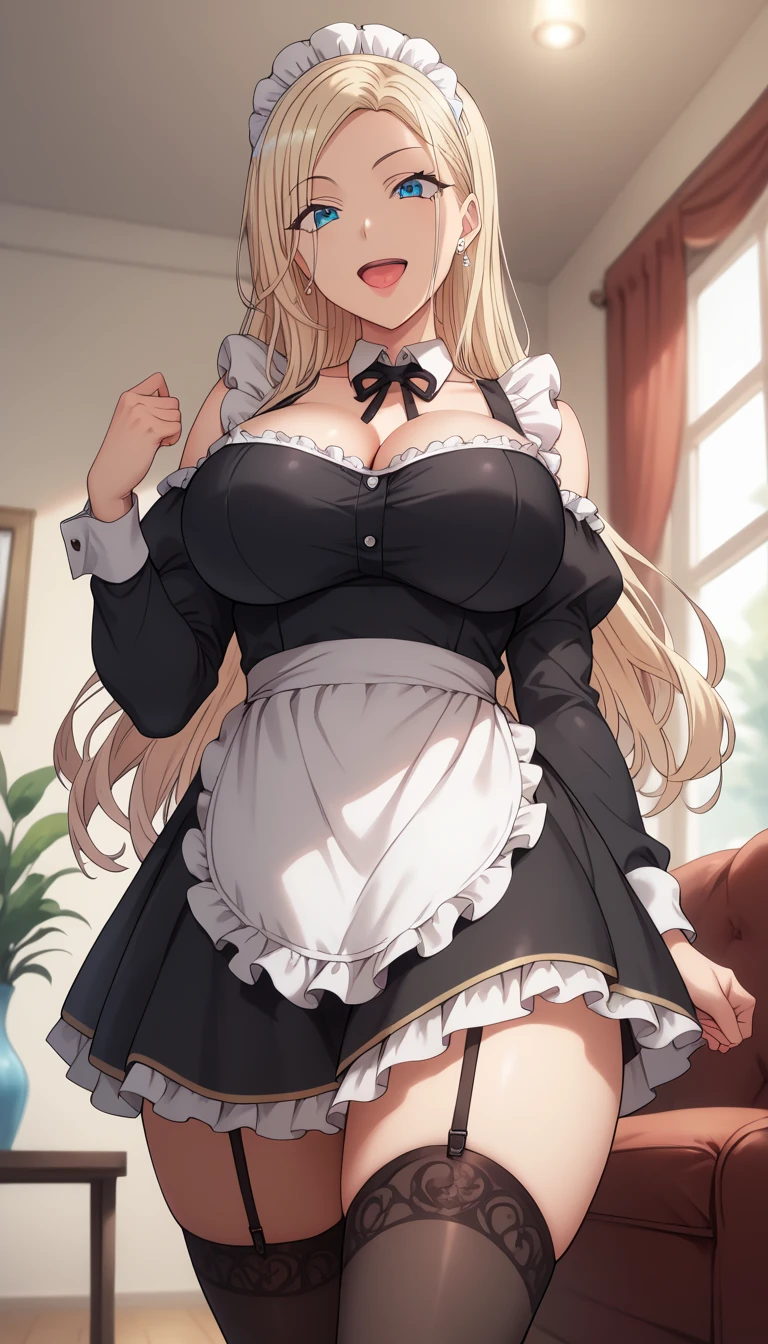 ((highest quality、High resolution))、Portrait、Perfect body、Beautiful ample breasts、Long blonde、bangs、Sexually excited facial expression、((POV、Maid showing panties))、I'm inviting you to have sex