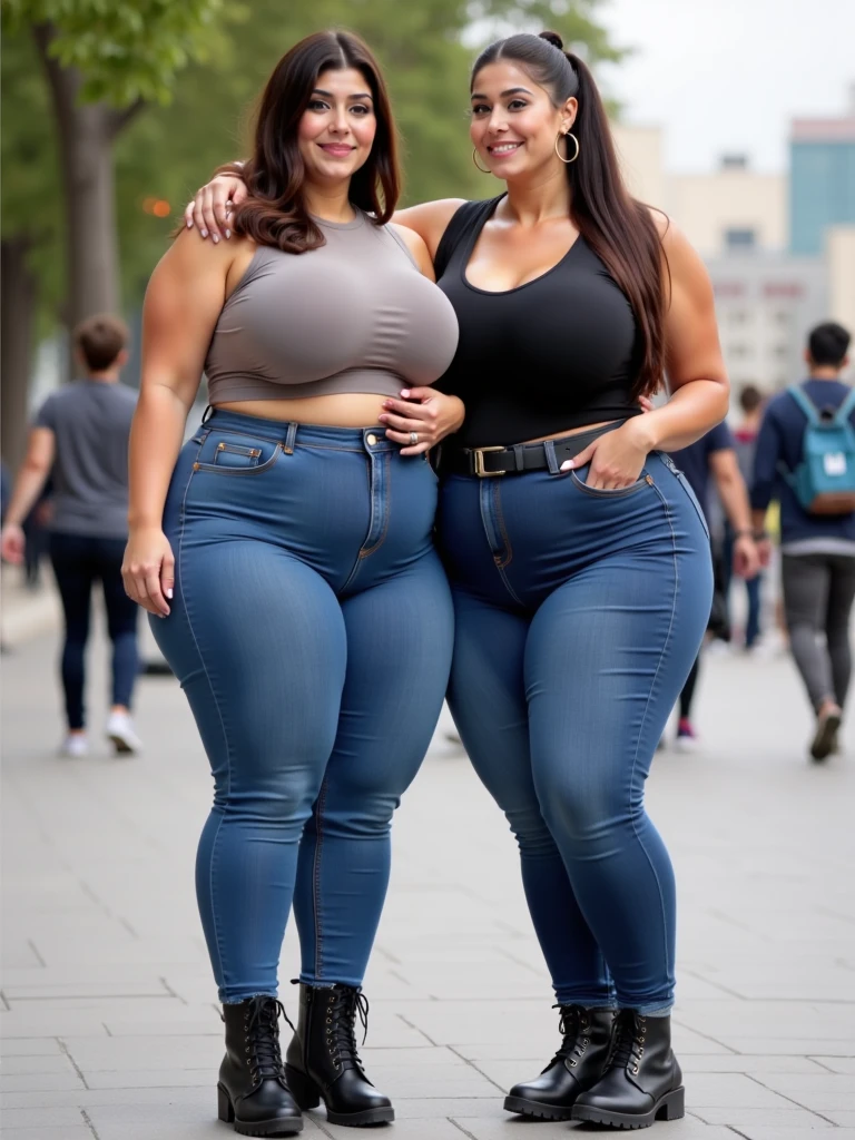 huge ,Tunisian,brune, extra curvy, giantess,tall, woman ,brown hair with blonde strands, Non-unified complexions, 50 years old ,thick ass ,massive thighs ,huge butt ,enormous massive legs ,large wide hips ,big breast ,a tight jeans ,covering blouse .