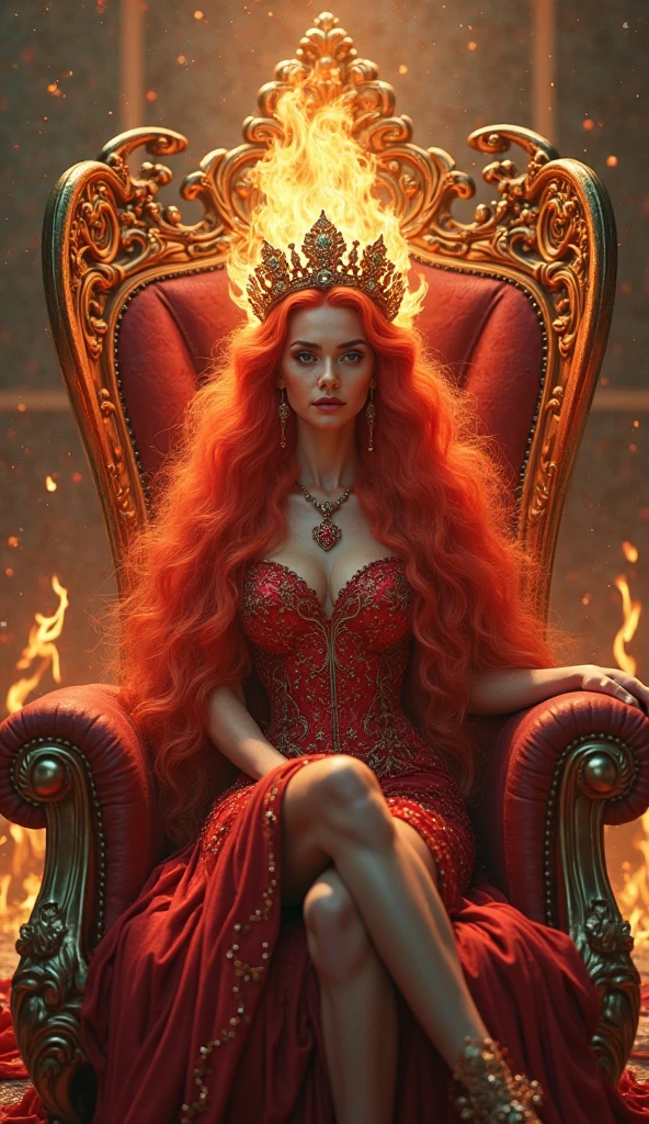 （Red curly hair），Queen，Queen Clothing，Holding a love staff，Red lipstick，(the red queen，Disney Villains)，Big Head，Pale skin，Villains，Sitting on the throne，accessories，poker，Blue Eyeshadow