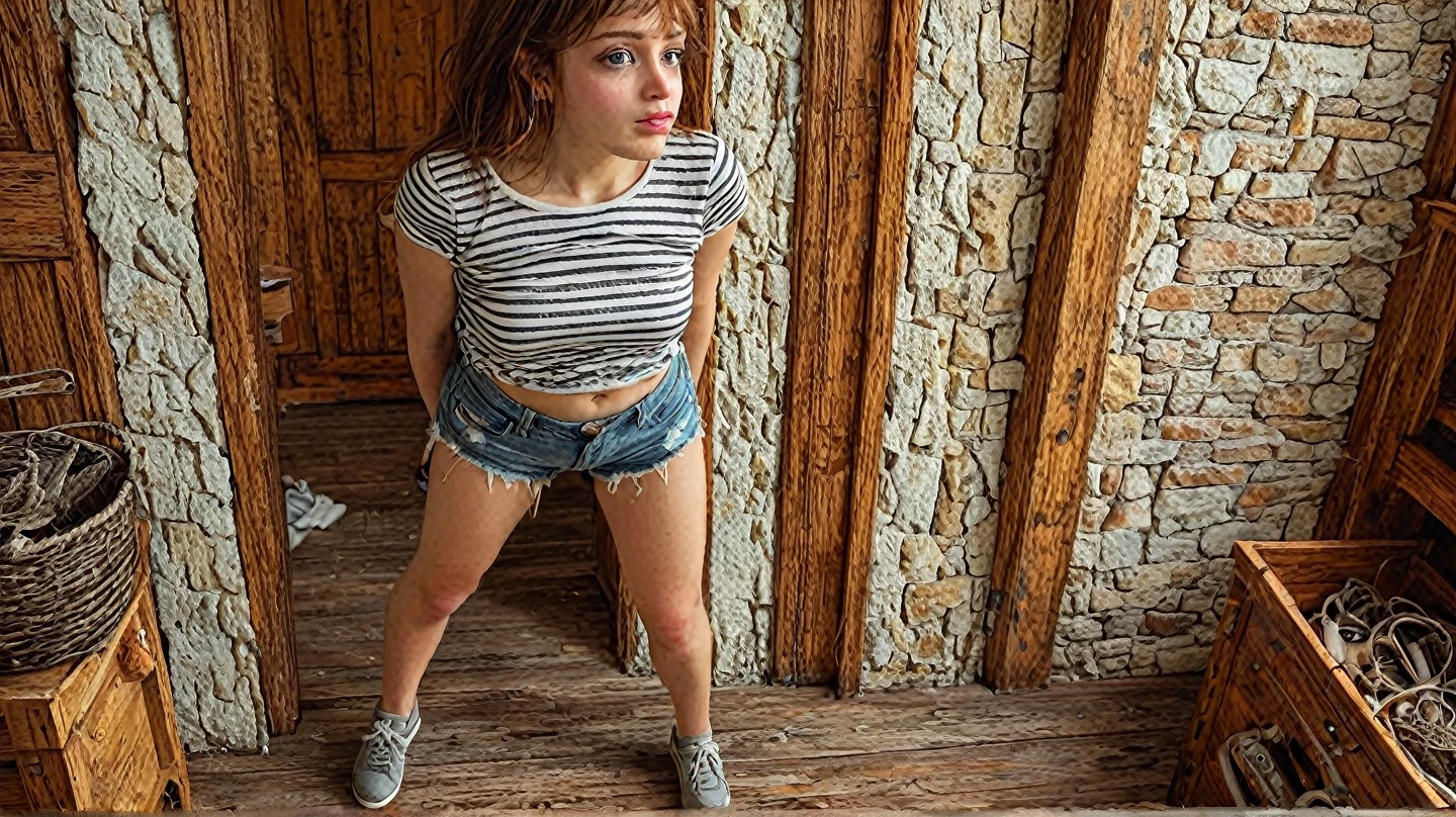 (Best quality:1.4), (Ultra Highres:1.2), (fotorealistisch:1.4), (8k, RAW-Foto:1.2), Casual Clothes, outside, upper body, Haare in einem Dutt, posieren, Fahrrad fahren, She has beautiful shoulder-length blonde hair. schulterlanges haar, Lara bauer is a 22-year-old woman, She is casually dressed, (White sports shoes), crop top, (yellow-brown blonde hair), (blonde tiny eyebrows), glattes haar, (angular face: 1.3), (long face: 1.4), dark colors, natural lighting, flowing hair, calm expression, detailed facial features, natural pose, Details (Textures!, Hair!, Cons: 1.3), bright grey green eyes with great Details, [exhausted] [tired],[sweating:1.1],[flushed cheeks], [slightly messy hair], [authentic emotion], [raw vulnerability], (wide shot:1.6), (from above: 0.9), (full body)