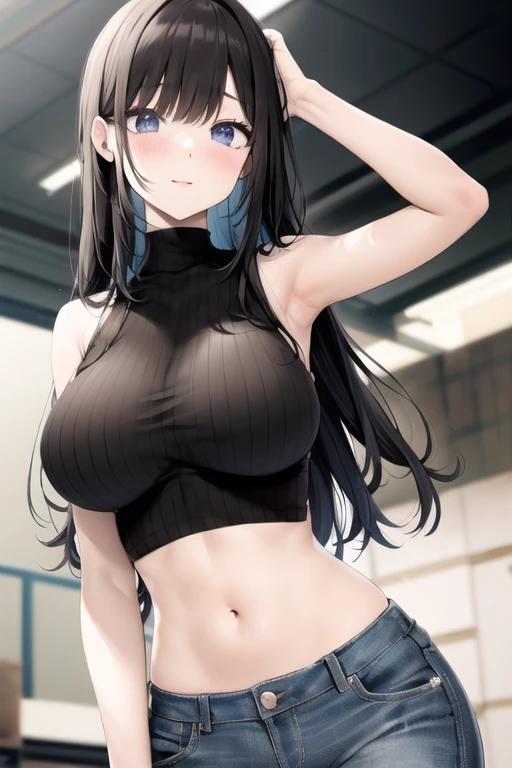 (8K, Best quality, tmasterpiece:1.2),\(eye detailed\),(\(Clothes detail detailull body,(huge tit),(Facial focus) ,Very detailed CG unity 8K wallpaper,hugefilesize,ultra - detailed,A high resolution,absurderes,beautidful eyes,Ray traching,dramatic shadow,finely detailled,Dramatic angles,Hyper-detailing,(1 girl:1.3),(Solo),,Mature female,Long hair black,Green eyes,Wearing(crop tops,denim shorts),