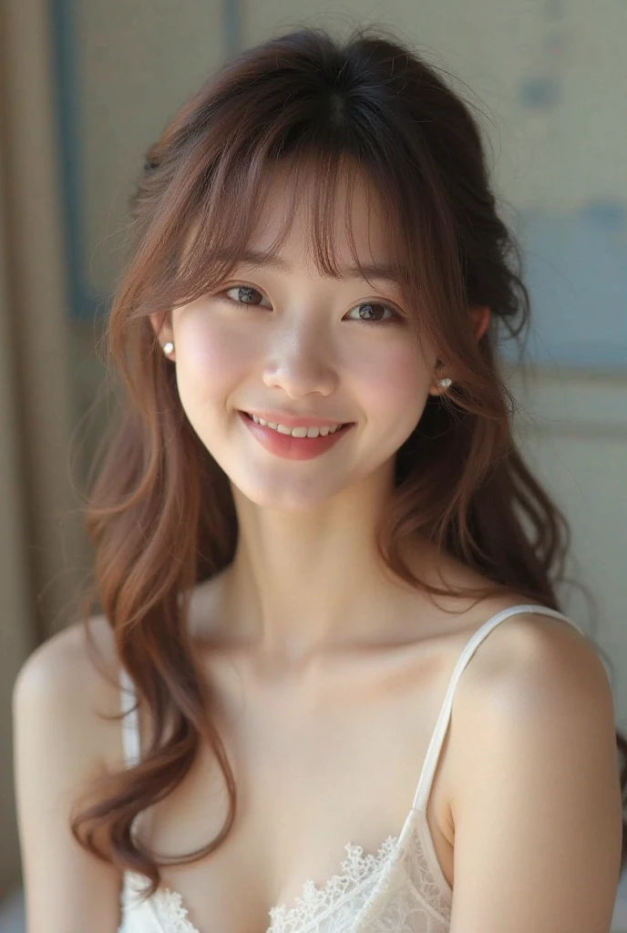 Female Japanese sitting on café terrace, Elegant, long curly hair, turn, off shoulders, large round eyes, Sunlight, with round face, With bangs, Brown eyes, narrow forehead, a baby face, Tear bag, smile, Large front teeth are slightly visible, long skirt,