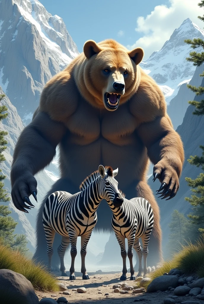 A majestic grizzly bear, of remarkable size and stature, reigns supreme on his throne of grandiose logs, meticulously covered in gold. His expansive, shaggy fur body is bedecked with intricate coat patterns that gleam under the soft, golden light filtering through the dense forest canopy. With an air of regal pride, he casually raises a paw to his furry chest, revealing his prominent and imposing manhood. The lush, verdant surroundings blur the background, enhancing the surreal display of raw power and dominance. (Masterpiece, realistic CGI, lush forest environment, majestic bear, detailed fur and coat, proud display