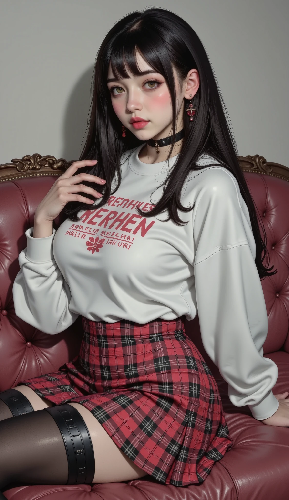  Best quality,high quality,masterpiece,detailed,high resolution,A girl with long hair,shiny jet black hair,white sweatshirt and a red checked skirt.(Non-shiny Black pantyhose,matte black pantyhose:1.3),sitting on a sofa,detailed and beautiful portrait,,highly detailed portrait,portrait of a girl,nice detailed art,Detailed woman,extremely Detailed woman,Detailed illustration of portrait,Beautiful drawing style,extremely detailed portrait,with long hair and piercing eyes,large breasts,