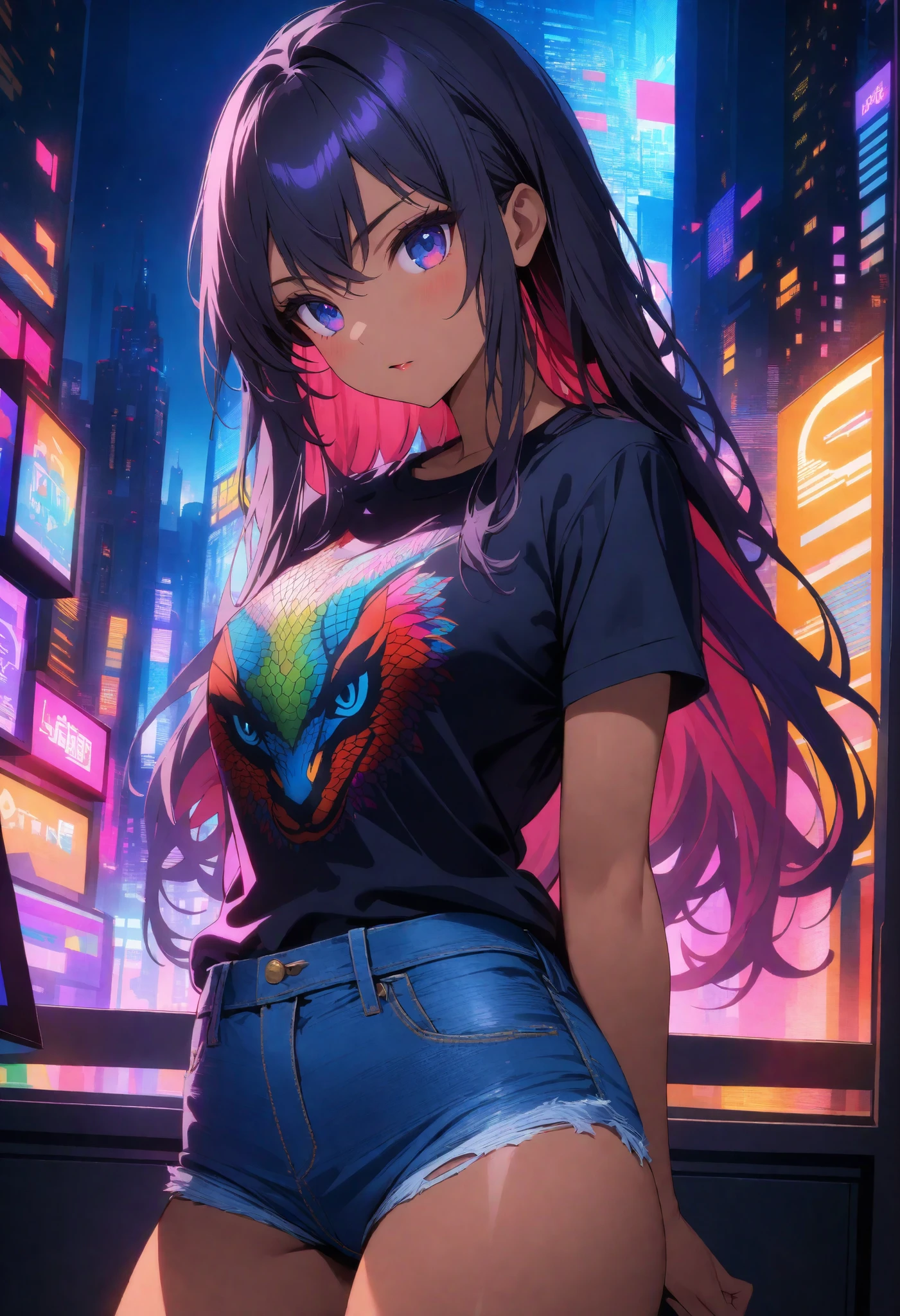 top quality , highest resolution, detailed depiction of the eyes, colorful, dark theme, one female, dark blue color eyes, dark color hair, long hair, light dark skin, denim shorts, provocative, Lizard pattern design, neon city, indoor , room, night, Overlooking the city