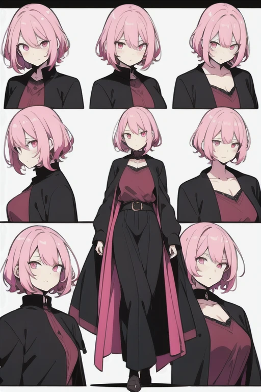 profile sketches , Forehead, faces , jestos for anime character full body woman with underwear net dress with neckline woman with pink hair with black t black eyes with avundantes arivutos nsfw