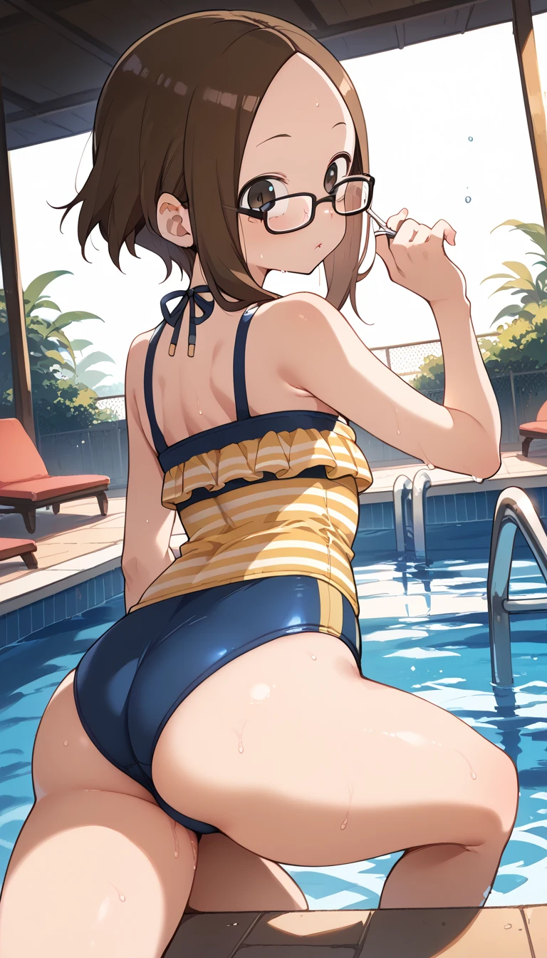 NSFW, (masterpiece, top quality, best quality, highly detailed:1.6), extremely detailed CG unity 8k wallpaper, (full body), wide shot, long shot, (light blue denim short shorts:2.5), (bikini:2.5), (Thighs, Groin), (Pushing hips forward,膝を曲げる:2),(arch body backwards, tilt the upper body back:3) ,(close knees, rub your knees together, touching crotch, pee running down legs:2.5), (standing:3), (clutching crotch:2), coast, sandy beach, sea, strong facial expression, (ecstasy:1.5), (slut:1.1), (vulgarity:1.3), (fucked silly:1.1), (tears:2), (Tears overflow:1.5), (sharp eye:1.2), (scowl:1.1), (embarrassed, blush:2), (steam:2.5), (Wet:1.2), (sweat:1.1), (trembling:1.3), (open mouth, wavy mouth:1.4), (saliva, drooling:1.7), (open eyes:2.9), (looking up, Gazing Upward:2.5), (no pupils, empty eyes:2.7), (feeling weak:1.5), (shoot from front:1.2),(woman trembling with sexual climax:1.5),(Be incontinent:1.5), colorful, (long hair, dark brown hair, ponytail:1.5), (glasses:1.8), perfect composition, urination, incontinence, piss, peeing self, (((pee stream))), (pee puddle), wetting herself, pee stain, medium breasts, Yellow pee, ((leaking pee)), Puddle of urine on the sandy beach, Pee at your pants, Pee spread on the floor, Pee stains, Dripping pee between my legs, Feet wet from pee, Pee-covered pants, Pee at your pants, want to pee, about to pee, Full bladder, Pee-soaked pants, Pee-soaked sandals, natural makeup,