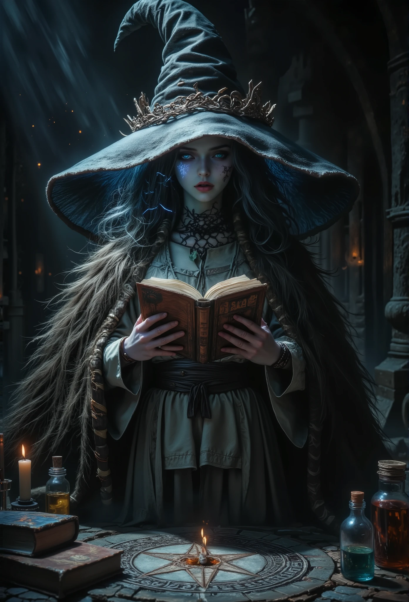 Sexy, Dark Mood Atmosphere, avant-garde, painting, Sexy, erotic, best Quality, masterpiece ( Louis Royo Style Drawing ), detailed faces with ofisu, The face is finely detailed with sharp focus, Highly detailed, Great Lighting, BREAK, Quality, intricate details, Mysterious Light, fog., Sexy, Beautiful Witch Rani, Hidden,  extra arms , Large hat , Casting Lightning Magic Spells, Magic Circle, Hong Kong magic, Scrolls on the Background, Magic book, ceremony, vials,  potion , Tough, seductive expression,  Black Magic Fantasy Crypto , Five Pointed Stars Drawn with Magic Runes on the Floor, Magical Brilliance, Dark and gloomy, upper body shot, Streaks of light, High Definition HD, High Details, perfect composition,      Aidma Hyperrealism 