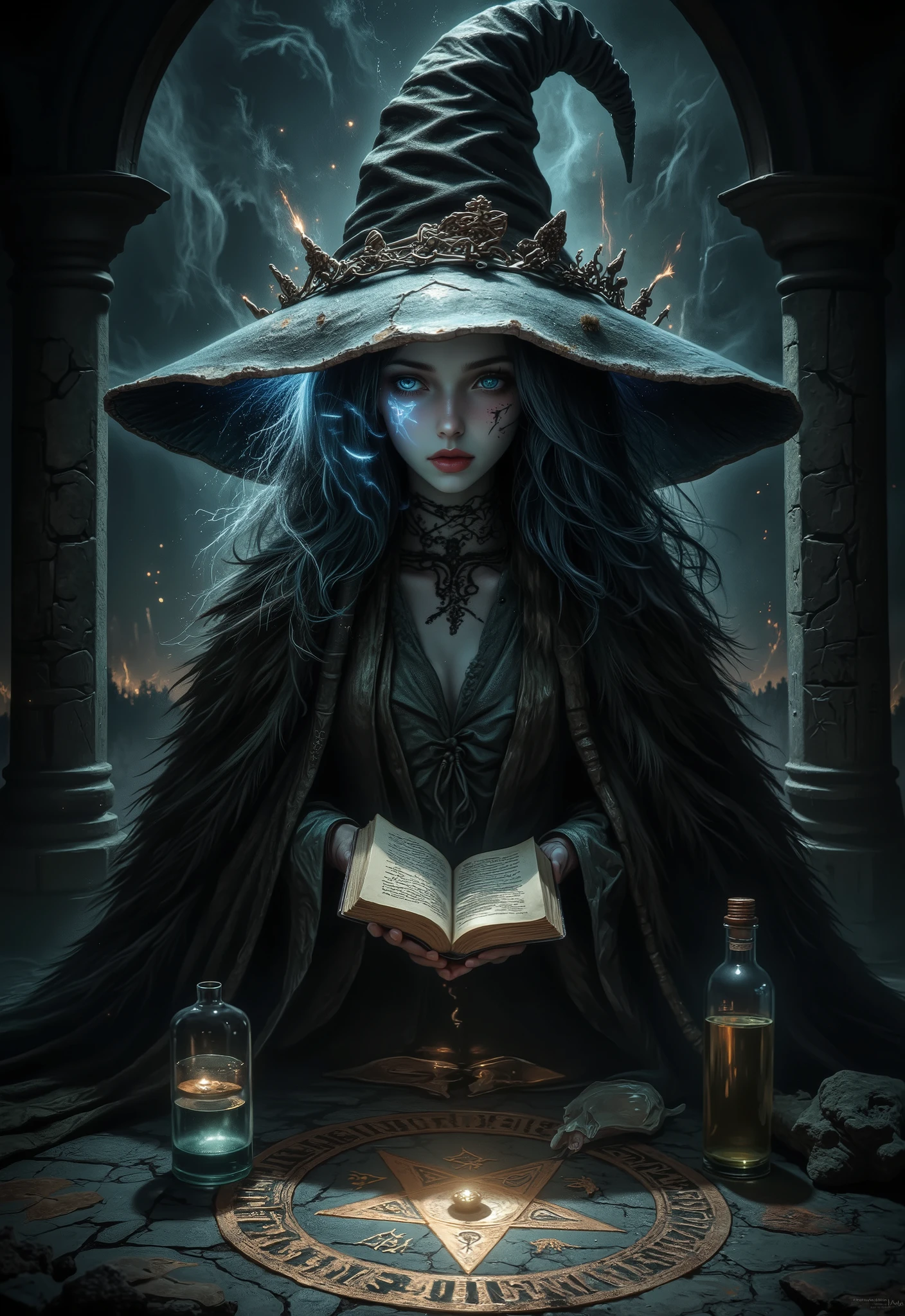 Sexy, Dark Mood Atmosphere, avant-garde, painting, Sexy, erotic, best Quality, masterpiece ( Louis Royo Style Drawing ), detailed faces with ofisu, The face is finely detailed with sharp focus, Highly detailed, Great Lighting, BREAK, Quality, intricate details, Mysterious Light, fog., Sexy, Beautiful Witch Rani, Hidden,  extra arms , Large hat , Casting Lightning Magic Spells, Magic Circle, Hong Kong magic, Scrolls on the Background, Magic book, ceremony, vials,  potion , Tough, seductive expression,  Black Magic Fantasy Crypto , Five Pointed Stars Drawn with Magic Runes on the Floor, Magical Brilliance, Dark and gloomy, upper body shot, Streaks of light, High Definition HD, High Details, perfect composition,      Aidma Hyperrealism 