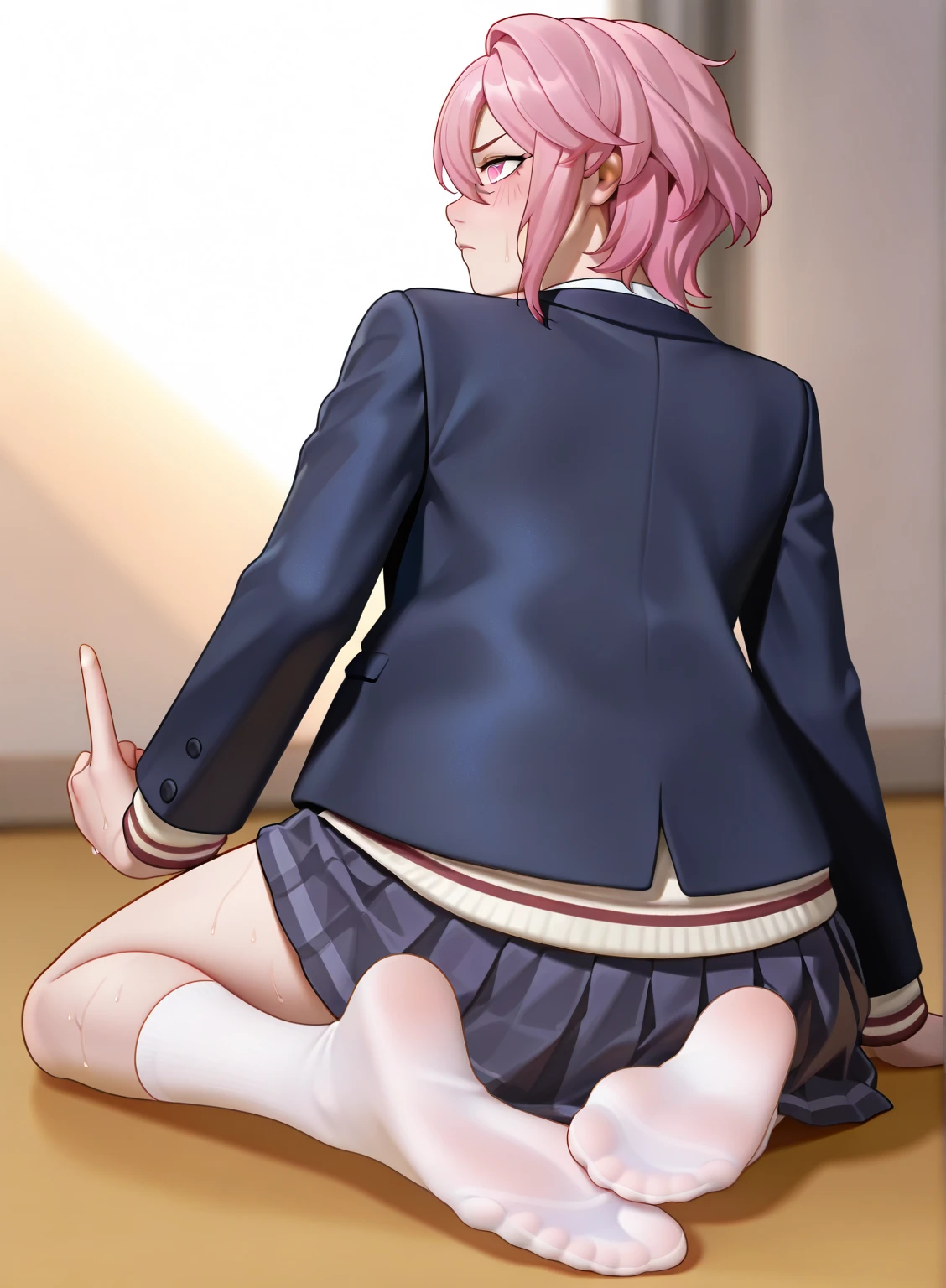 1 girl, standing backwards, totally naked, wearing only a tie and a pair of shoes, detailed genitalia, small and round ass, pink hair, blushed face, class room, in front of the board, in sexual position, hands on the floor, knees on the floor, (fully exposed genitalia)