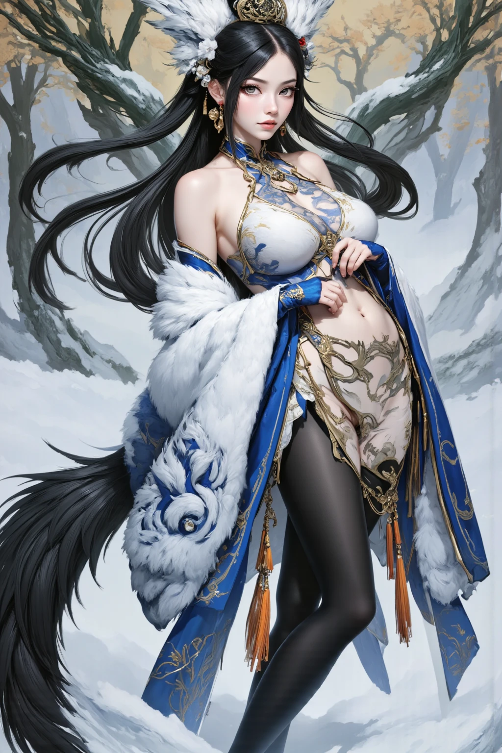 A very kind girl. She has black hair, icy blue eyes, she is wearing white blue and brown Japanese clothing, she is an icy dragon. She is the dragon of ice, she is wearing lots of jewelry. Necklaces, breaches, waist beads, hip beads, crowns, head necklace. Her skin is like snow, she is paper white, she has elf ears. She controls the ice and snow ruthlessly. Her skin has blue in it and kinda looks like she’s always freezing. Her eyes glow a hue of blue, and literally glow. She has tattoos and markings on her body that glow as well. Her hair has streaks of white and blue in it. So has so so so much jewelry on, she has cabins and gems on her ears, her hands also have chains on them, her waist has no much jewelry’s on it too. She has large breasts.