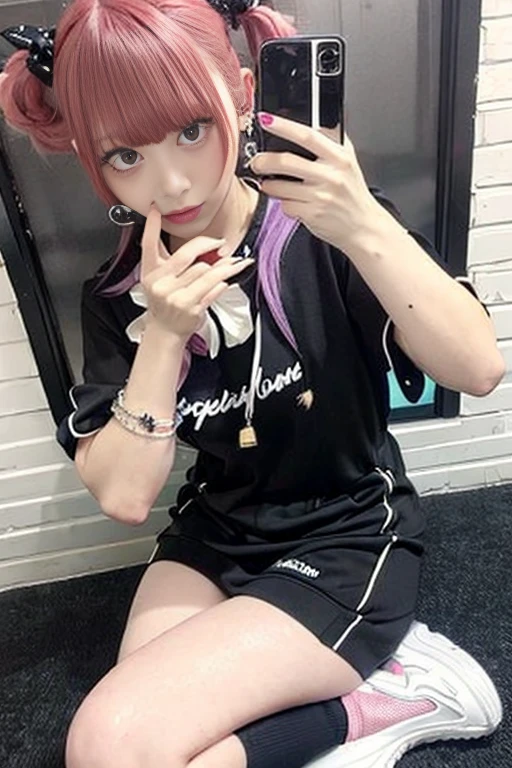 (8k:1.27), best quality, masterpiece, ultra highres:1.2), arrested lesbian goth delinquent girl with arm tattoos, tattooed girl, full body picture, blue oversized knotted prisoner t-shirt with black letters, short big sleeves, blue short inmate pants tied with a rope, dyed pink hair, short bob hairstyle, back pink bun, hair bangs, kneeling in a prison cell, handcuffed, hands tied with rope behind body, submissive neck choker and leash in neck, 4k or 8k picture, looking down sad, paisley bandana ribbon hairband, nose septum piercing, wearing dirty old clothes, smelly, barefoot, praying