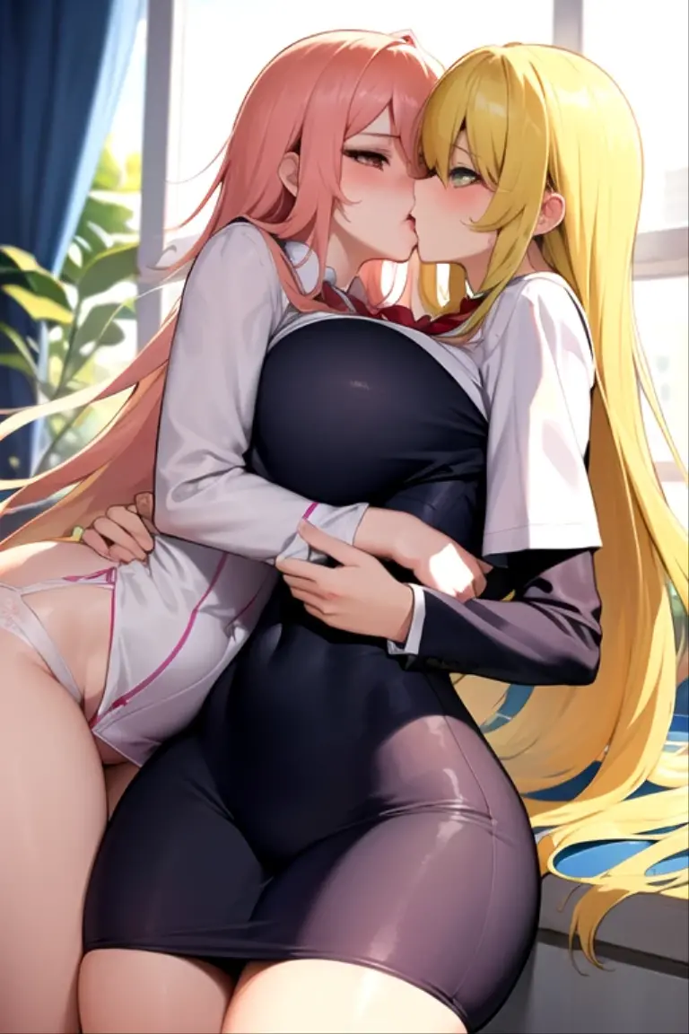 lesbian (very long yellow hair)(pechos big ones, Thighs big ones)(with  clothes it is very tight) that he is kissing at school with his girlfriend,(pechos big ones, Thighs,(naked) big ones)lesbian love