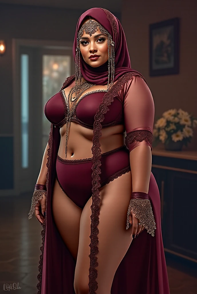 (20 years old:1.9), perfect face, (chubby:1.3) black lace bra perfect full HDR body exposed midriff highleg loli flat chest curvy indian armpits bellydancer 8k high res knees ankles , royal skimpy underwear, cleavage (shiny skin:1.5) depth of field (full body shot) (high heels) (brown skin:1.7) (hijab:1.2) (veil:1.2) black theme (masterpiece:1.8)