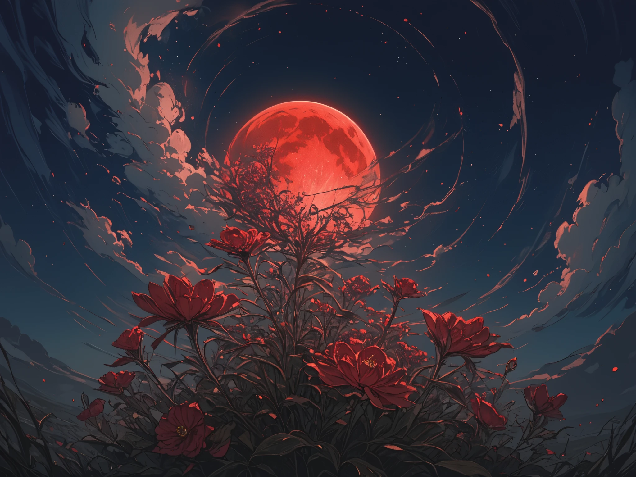 8K, better quality, masterpiece: 1.4, Ultra-high resolution, extremely detailed, soft light, scenery, dark sky, midnight, stars, clouds, red flowers, flower focus, red moon, galaxy, wide angle,