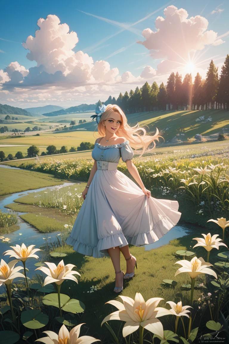 Masterpiece, most beautiful twenty years sweden blond fantasy peasant woman, long wavy hair, perfection, simple cute light white sundress, fit, strong, elegant, confident, soothing, slightly happy, sensual, powerful, kneeling in a grass field, spring, sunset, slight wind, epic shot, scenic lighting, girl-next-door, medieval fantasy setting, perfect round perky big breasts, perfect tits, deep cleavage, lace, green emerald beautiful eyes, surrounded by magical gold and purple butterflies and energy magical sparkles