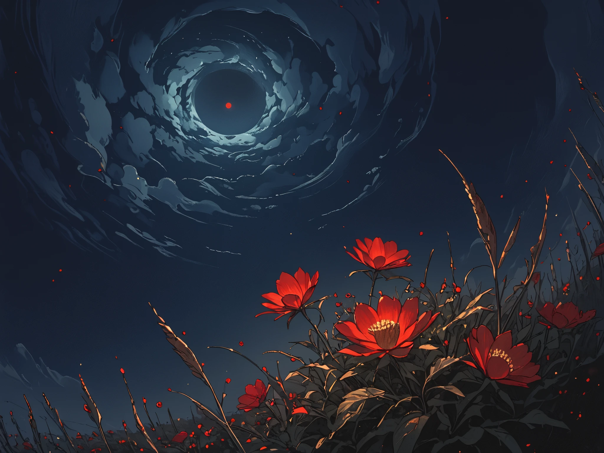 UHD, better quality, masterpiece: 1.4, Ultra-high resolution, extremely detailed, soft light, scenery, (dark sky:1.5), midnight, stars, clouds, red flowers, flower focus, red moon, galaxy, wide angle,